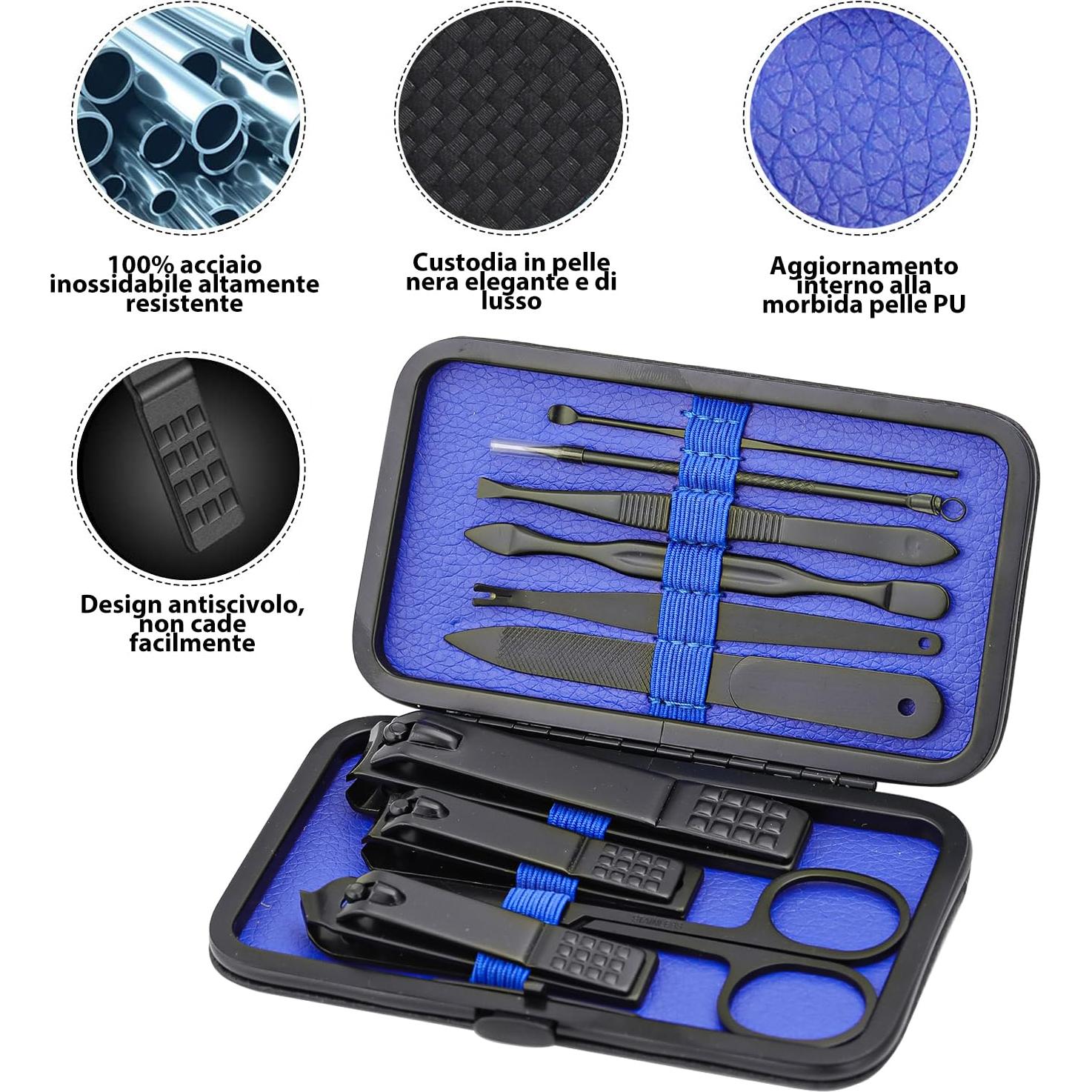 Juego de Manicura Profesional Glamne 10 en 1 Acero Inoxidable Azul