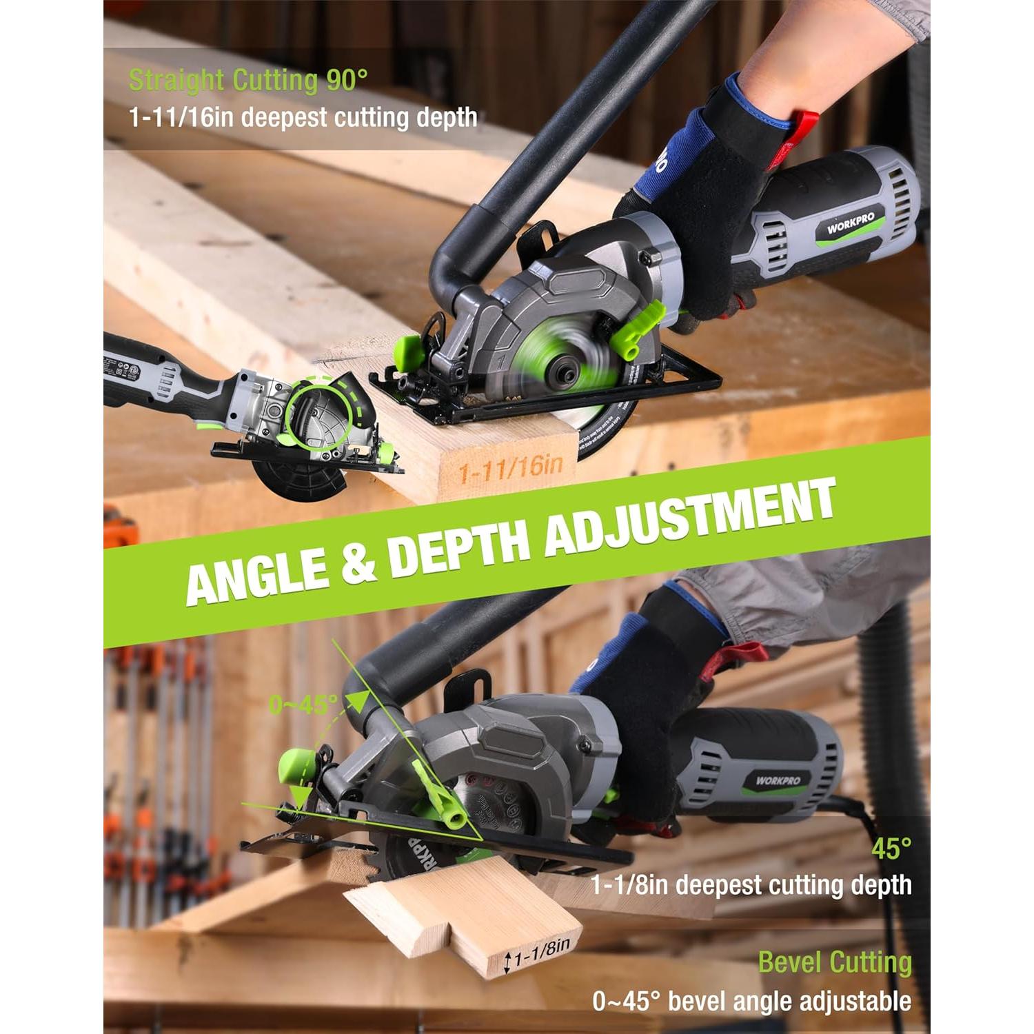 WORKPRO 5.8Amp 3500RPM Circular Saw with Parallel Guide, Maximum Cutting Depth 1-11/16?(90°),1-1/8?(45°), Compact Circular Saw with Three 4-1/2" Blades for Wood, PVC, Tile, Cement Block