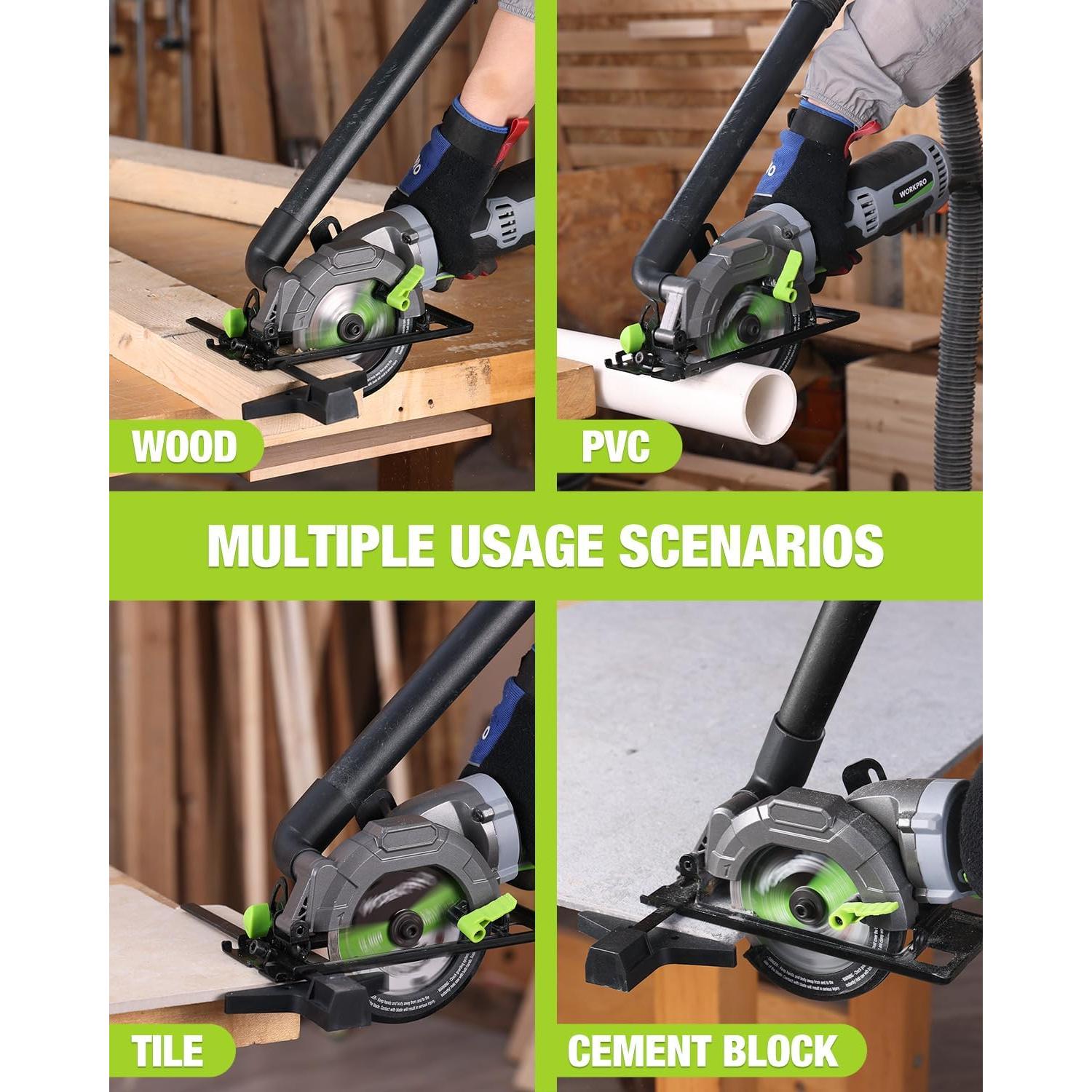 WORKPRO 5.8Amp 3500RPM Circular Saw with Parallel Guide, Maximum Cutting Depth 1-11/16?(90°),1-1/8?(45°), Compact Circular Saw with Three 4-1/2" Blades for Wood, PVC, Tile, Cement Block