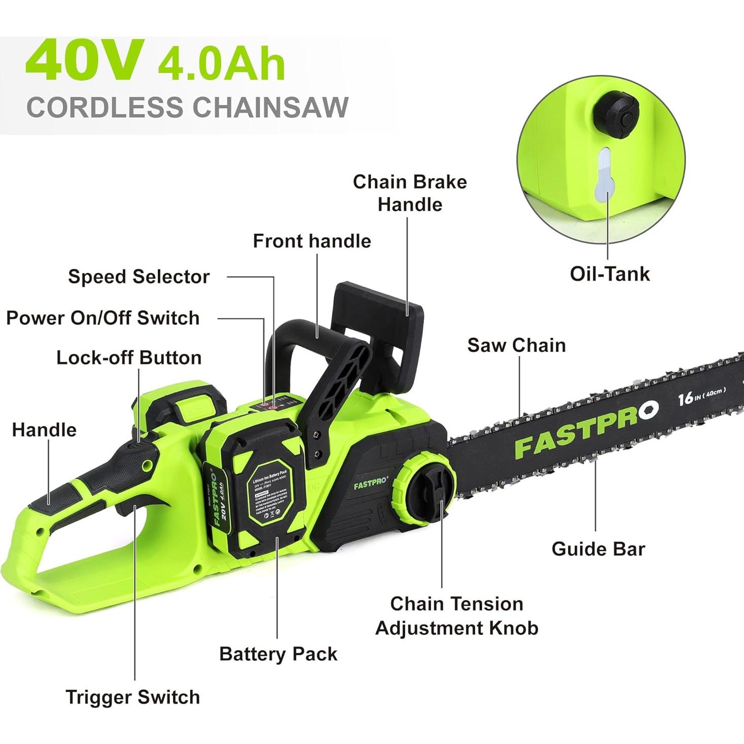 Motosierra Inalámbrica FASTPRO 40V 16" con 2 Baterías 4.0Ah