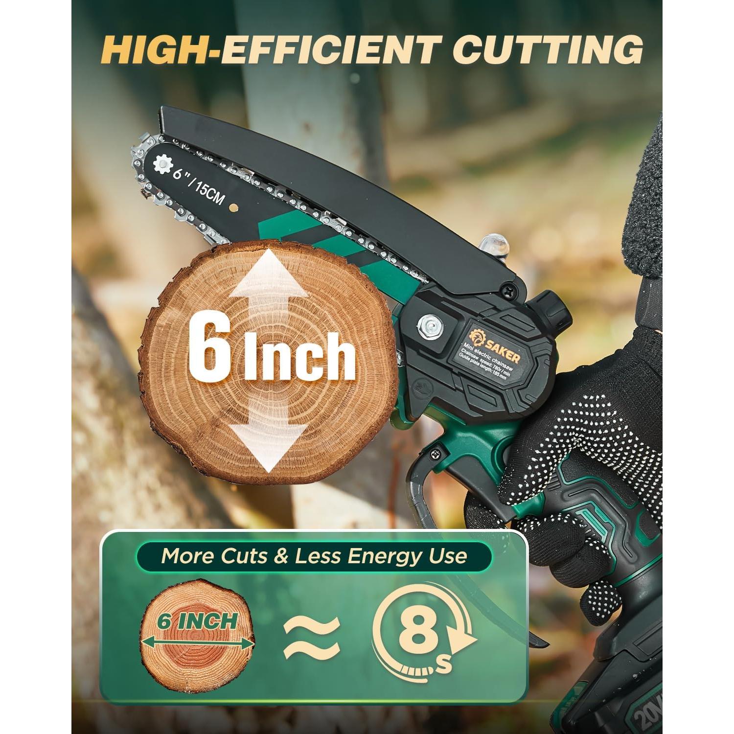 Mini Motosierra Eléctrica Inalámbrica Saker 6" con 2 Baterías