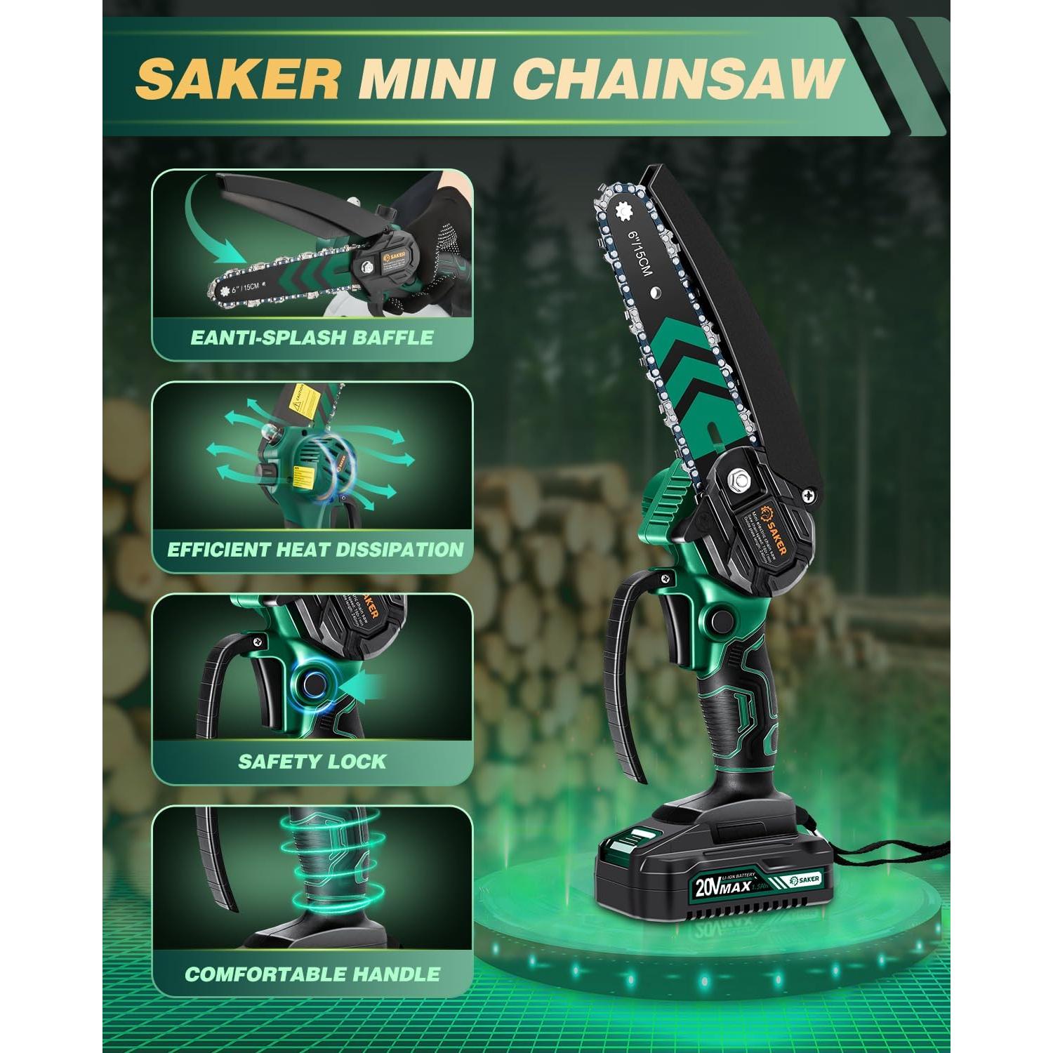 Mini Motosierra Eléctrica Inalámbrica Saker 6" con 2 Baterías