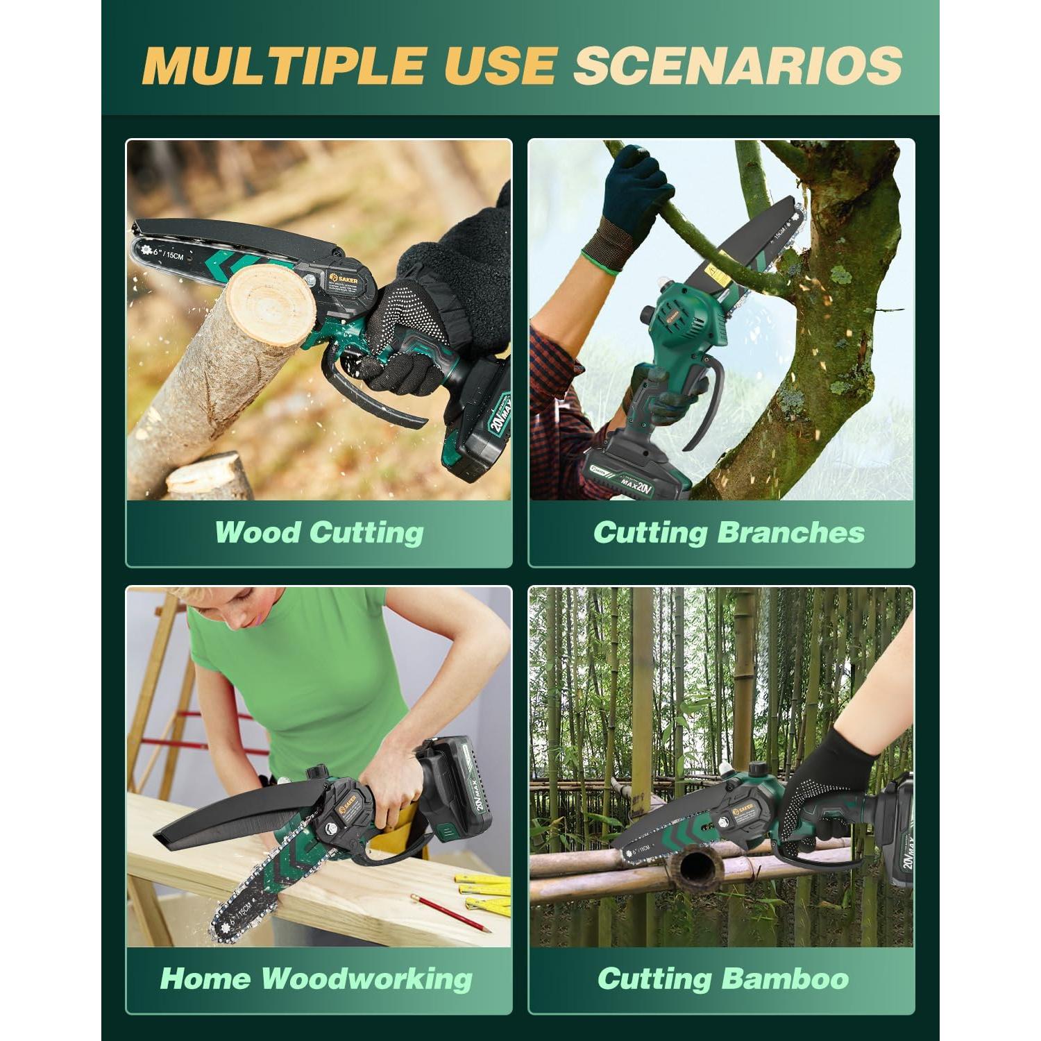 Mini Motosierra Eléctrica Inalámbrica Saker 6" con 2 Baterías