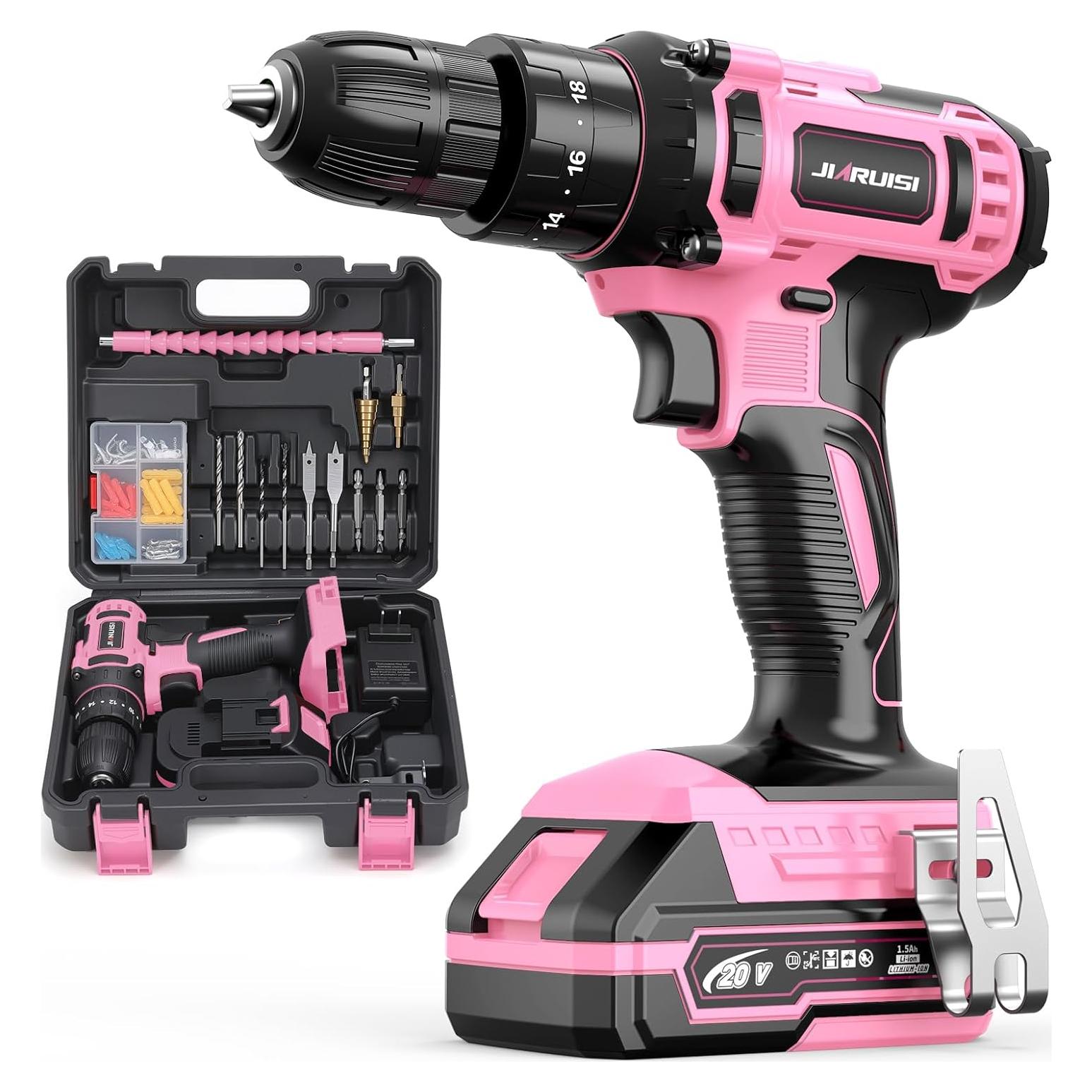 Taladro Inalámbrico JIARUISI 20V con 72 Accesorios Rosa
