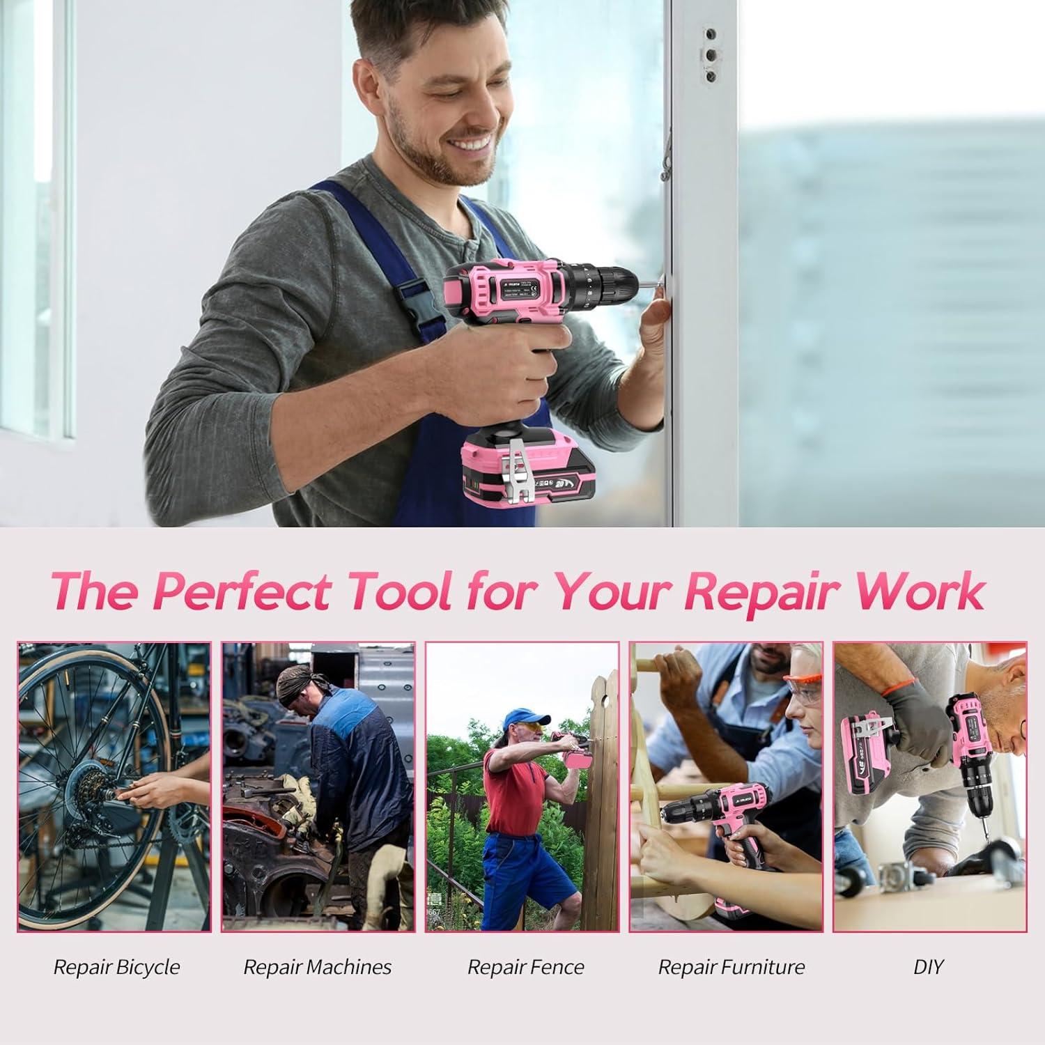 Taladro Inalámbrico JIARUISI 20V con 72 Accesorios Rosa