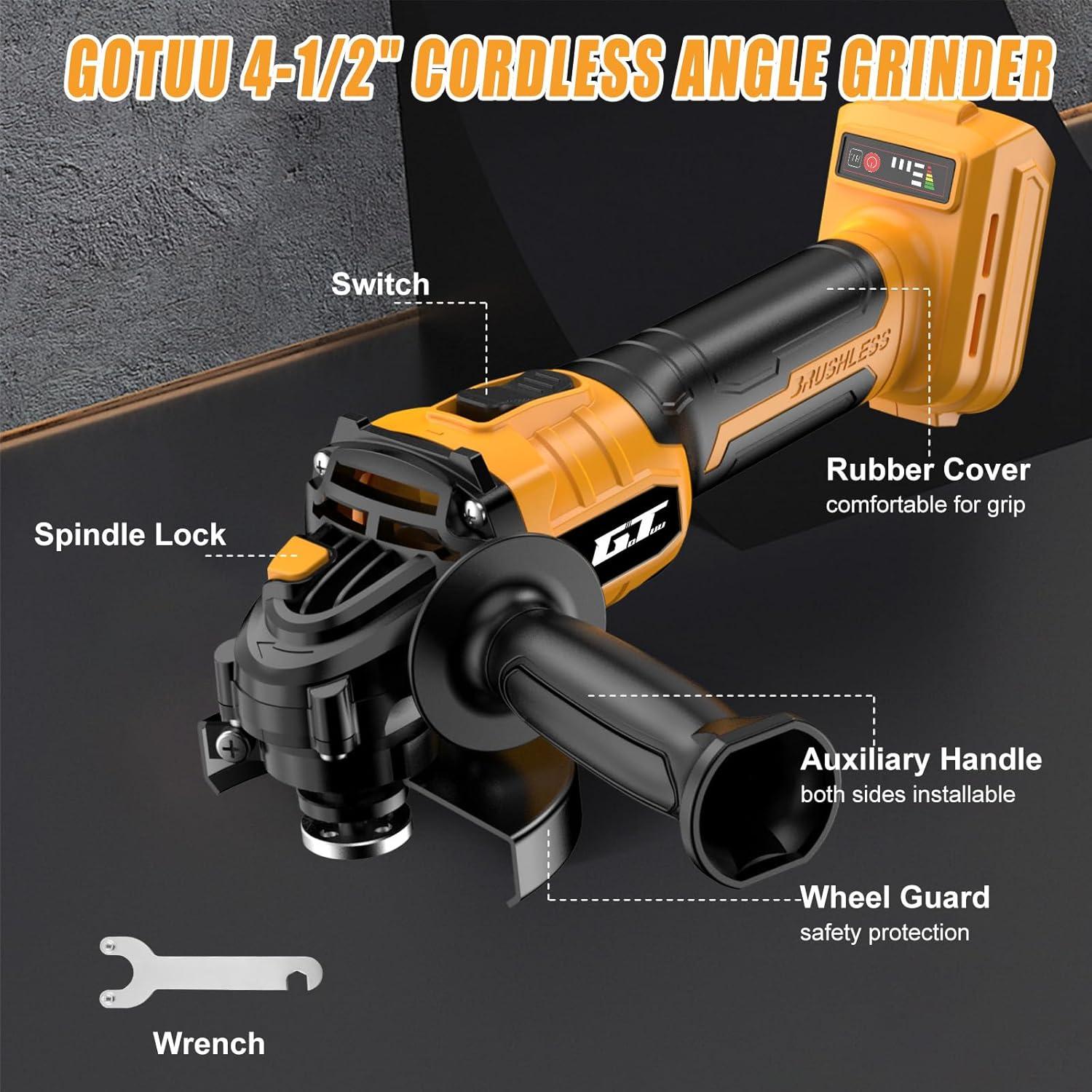 Amoladora Angular Inalámbrica GOTUU 20V 4-1/2" con 6 Discos