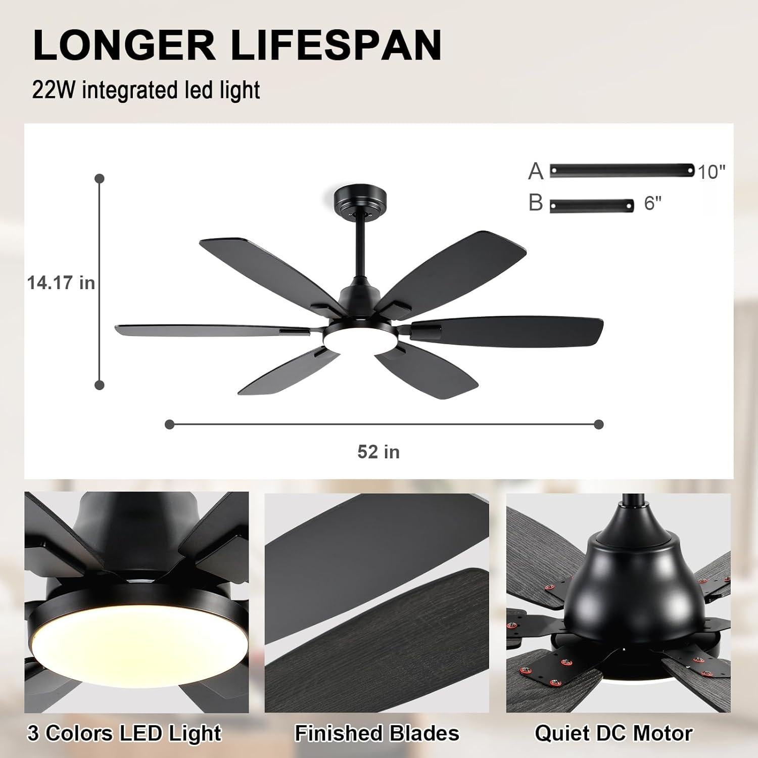 Ventilador de Techo Ayaoty 52" Negro con Luz LED y Control Remoto