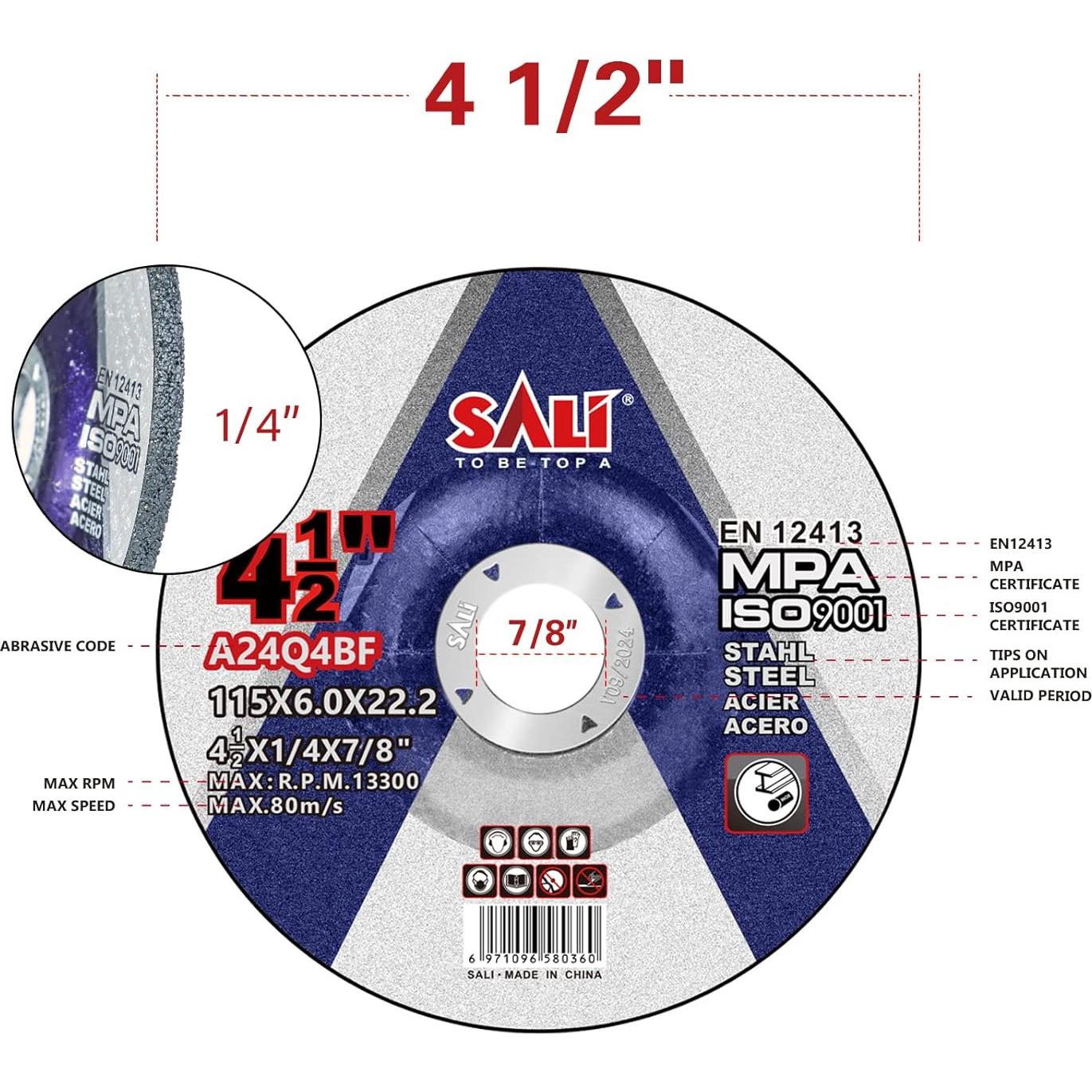 SALI 10 Pack 4-1/2 Inch Grinding Wheels for General Purpose Metal & Stainless Steel, Aluminum Oxide Grinding Disc for Angle Grinder, Depressed Center 4.5" * 1/4" * 7/8"(115 * 6.0 * 22.2 mm)