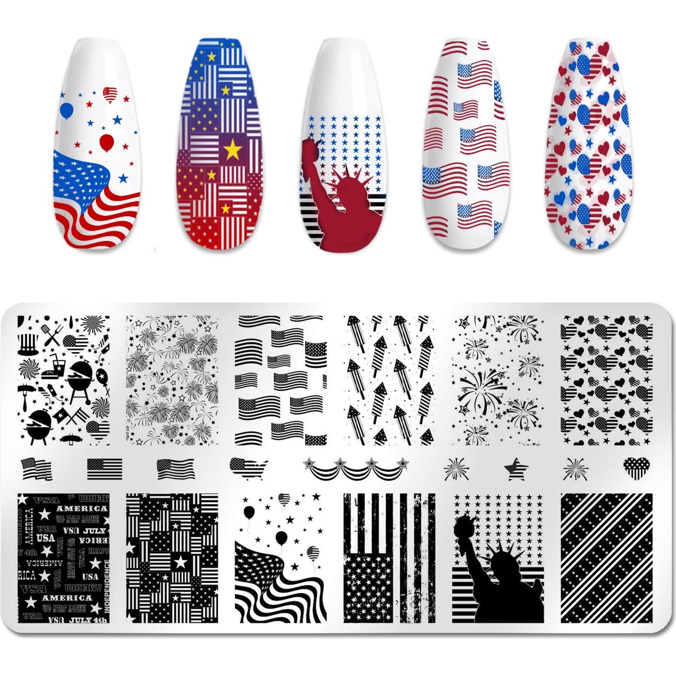 DANNEASY Kit 6 Placas Estampado Uñas Día Independencia 12x6cm