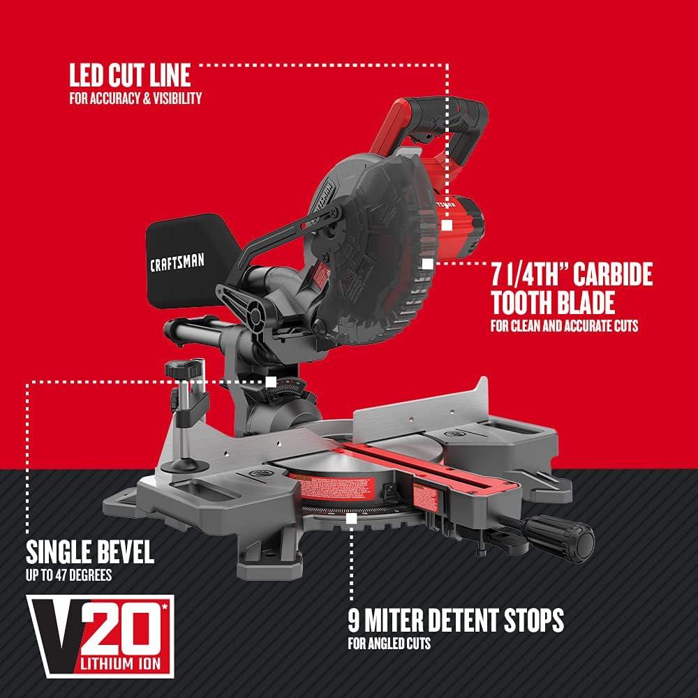 Sierra de inglete deslizante Craftsman V20 20V 7-1/4" con batería