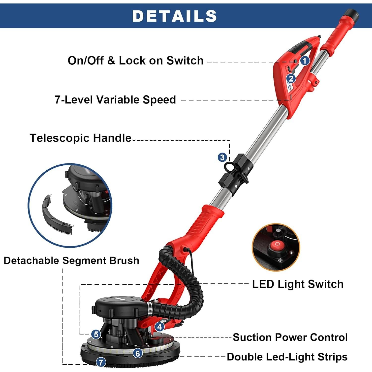 Lijadora para Drywall FOINCEF 950W 7 Velocidades con Aspiradora