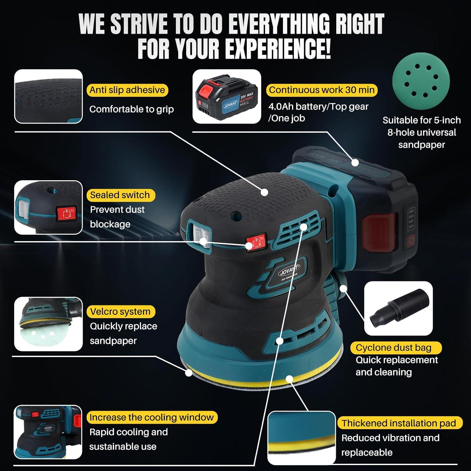 Lijadora Orbital Inalámbrica JOVANT 20V 4Ah 5" Velocidad Variable
