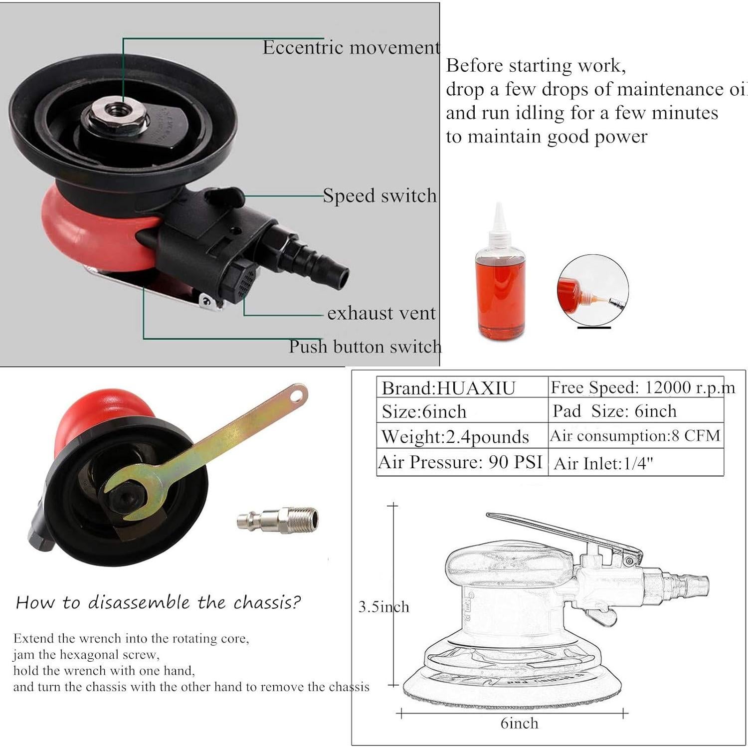 Lijadora Orbital Neumática HUAXIU 6" Profesional Alta Dureza