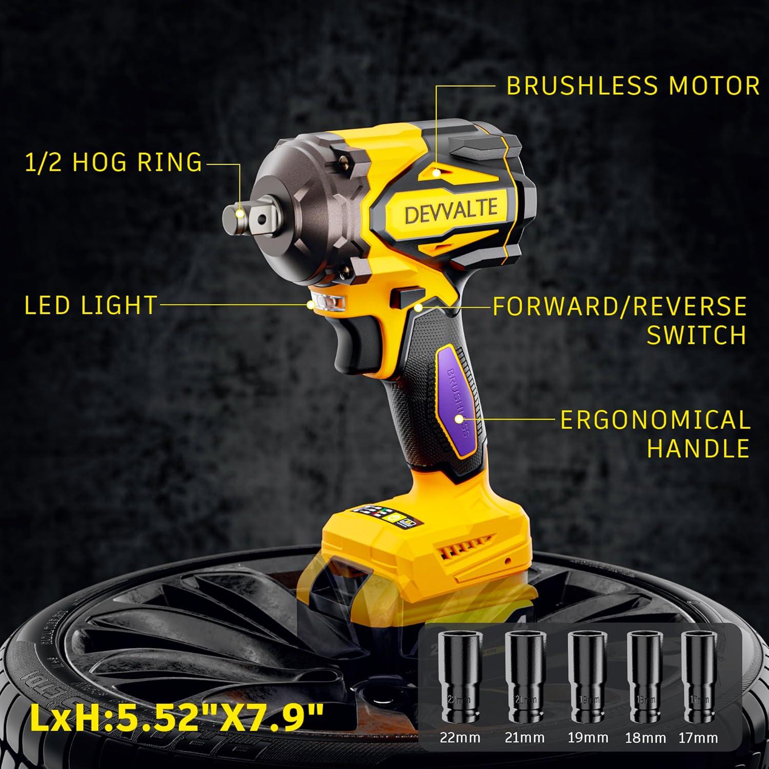 Llave de impacto inalámbrica Devvalte 20V 1/2" 900N.m LED