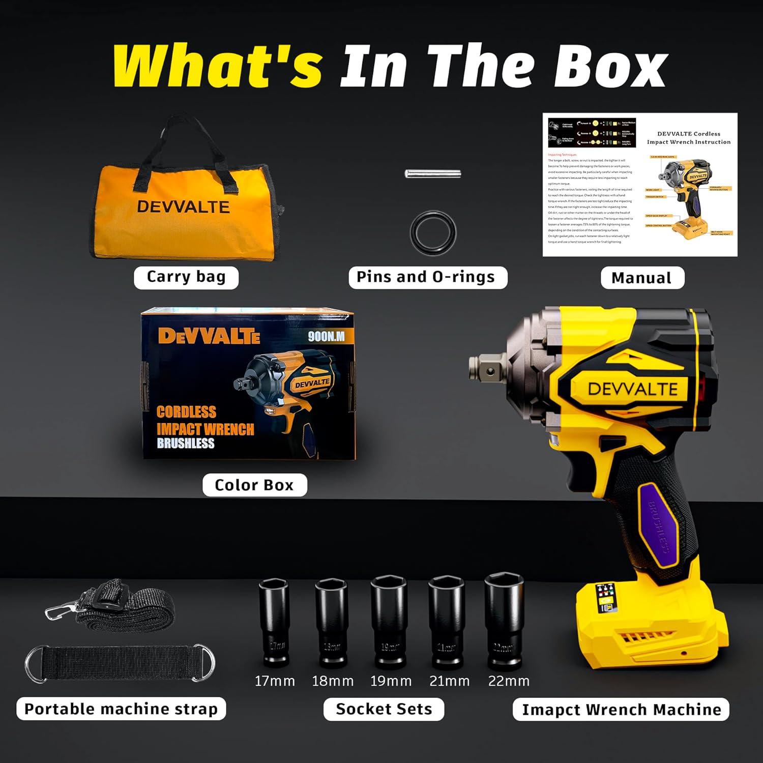 Llave de impacto inalámbrica Devvalte 20V 1/2" 900N.m LED