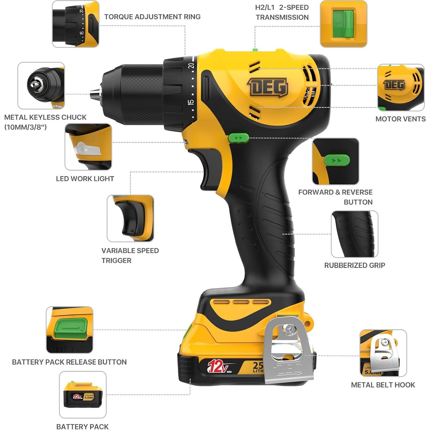 Taladro Inalámbrico 12V DEGLASERS con Batería y Cargador
