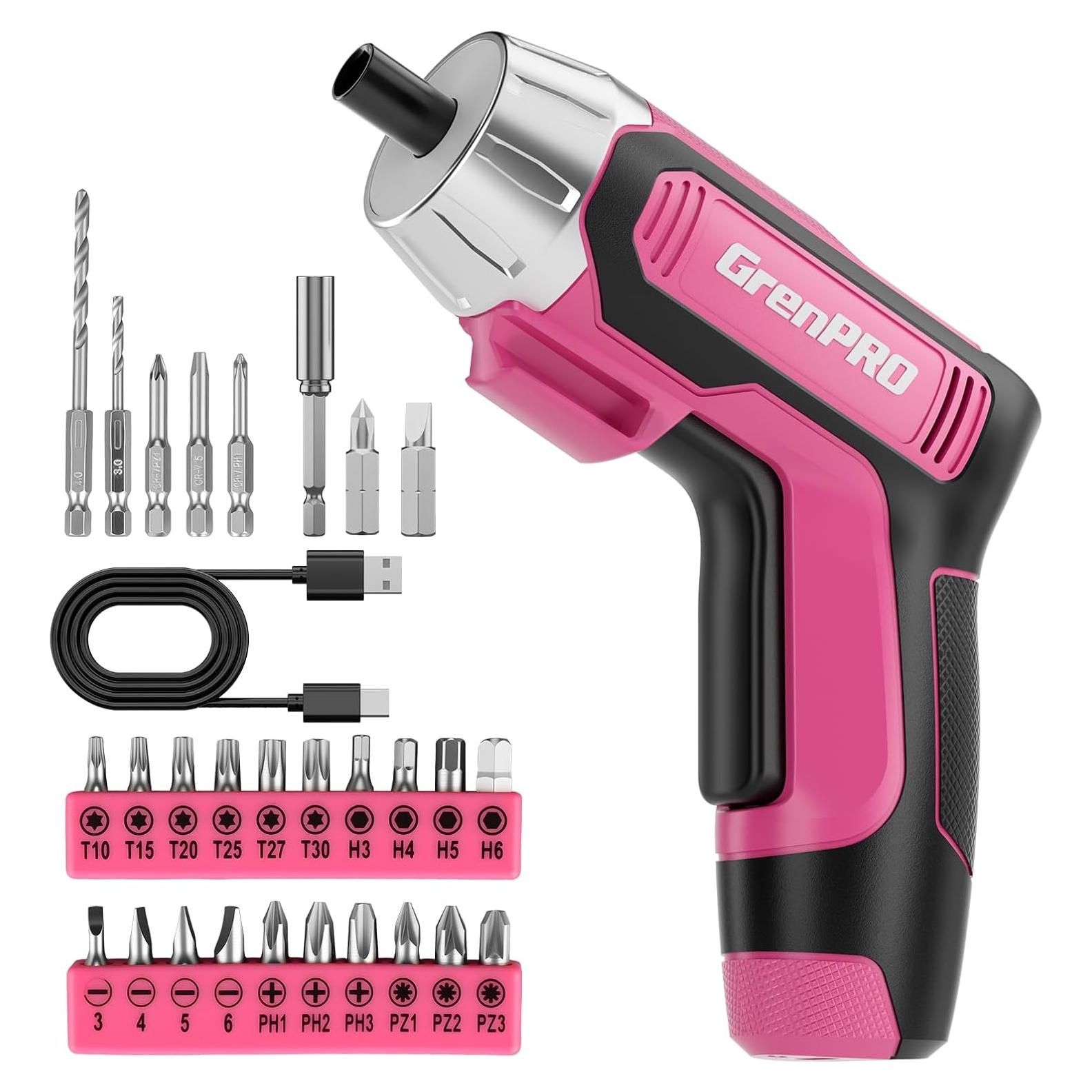 Destornillador Eléctrico Inalámbrico GRENPRO 4V Rosa 29 Piezas