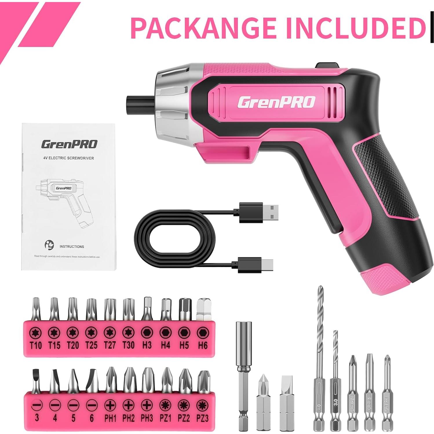 Destornillador Eléctrico Inalámbrico GRENPRO 4V Rosa 29 Piezas