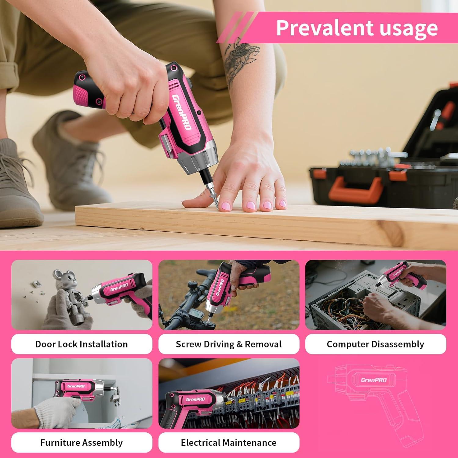 Destornillador Eléctrico Inalámbrico GRENPRO 4V Rosa 29 Piezas