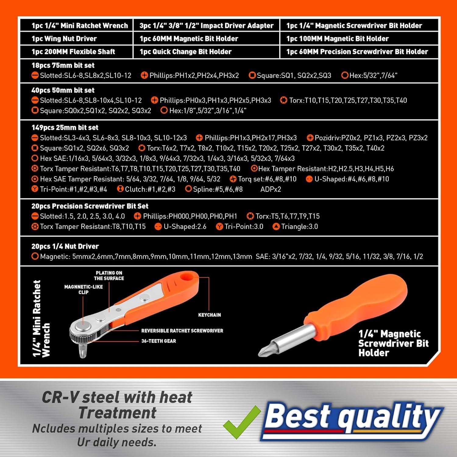 Conjunto de Puntas de Destornillador Amartisan 258 Piezas CR-V