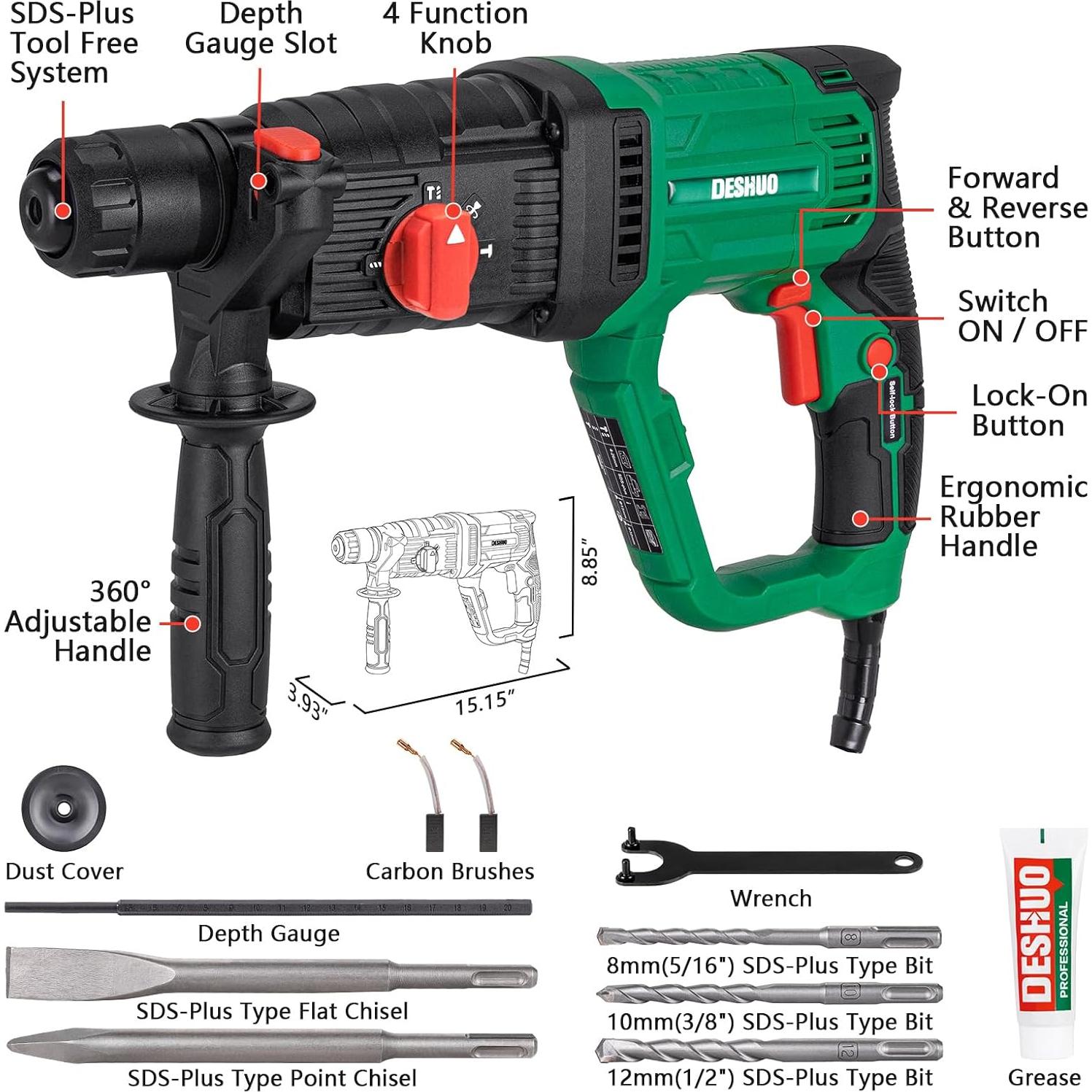 Martillo Rotativo Ligero DESHUO LD26 1050W 4 Funciones SDS-Plus