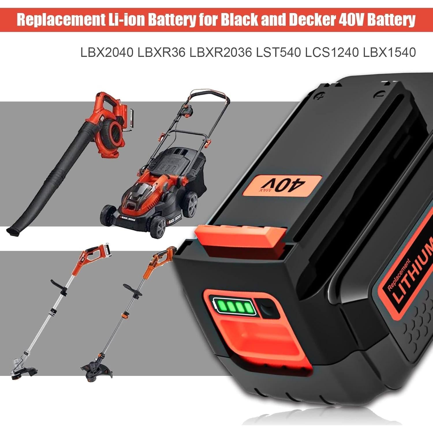 Batería Litio 40V 3600mAh Reemplazo Black & Decker LBX2040