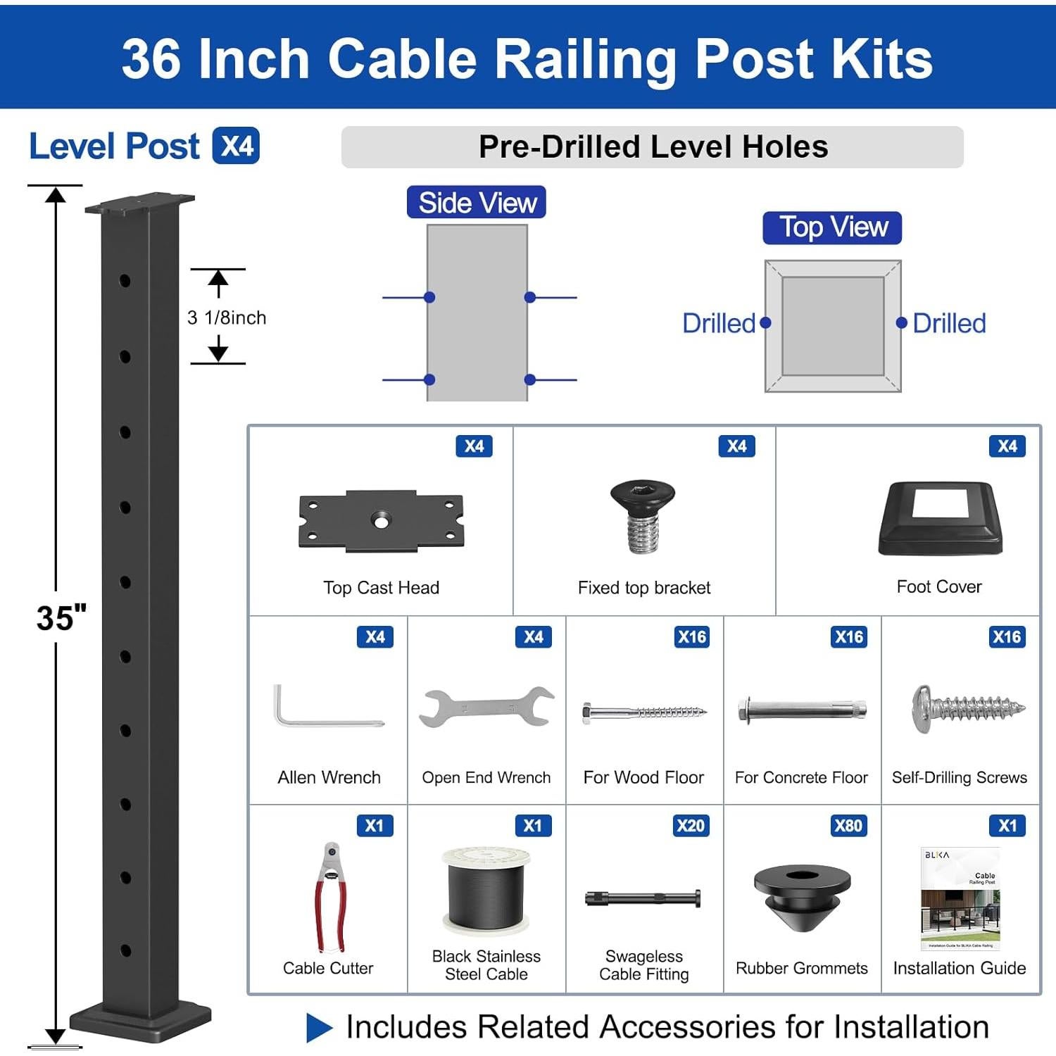 Kit de Barandilla de Cable BLIKA 4 Postes 35" Acero Inoxidable