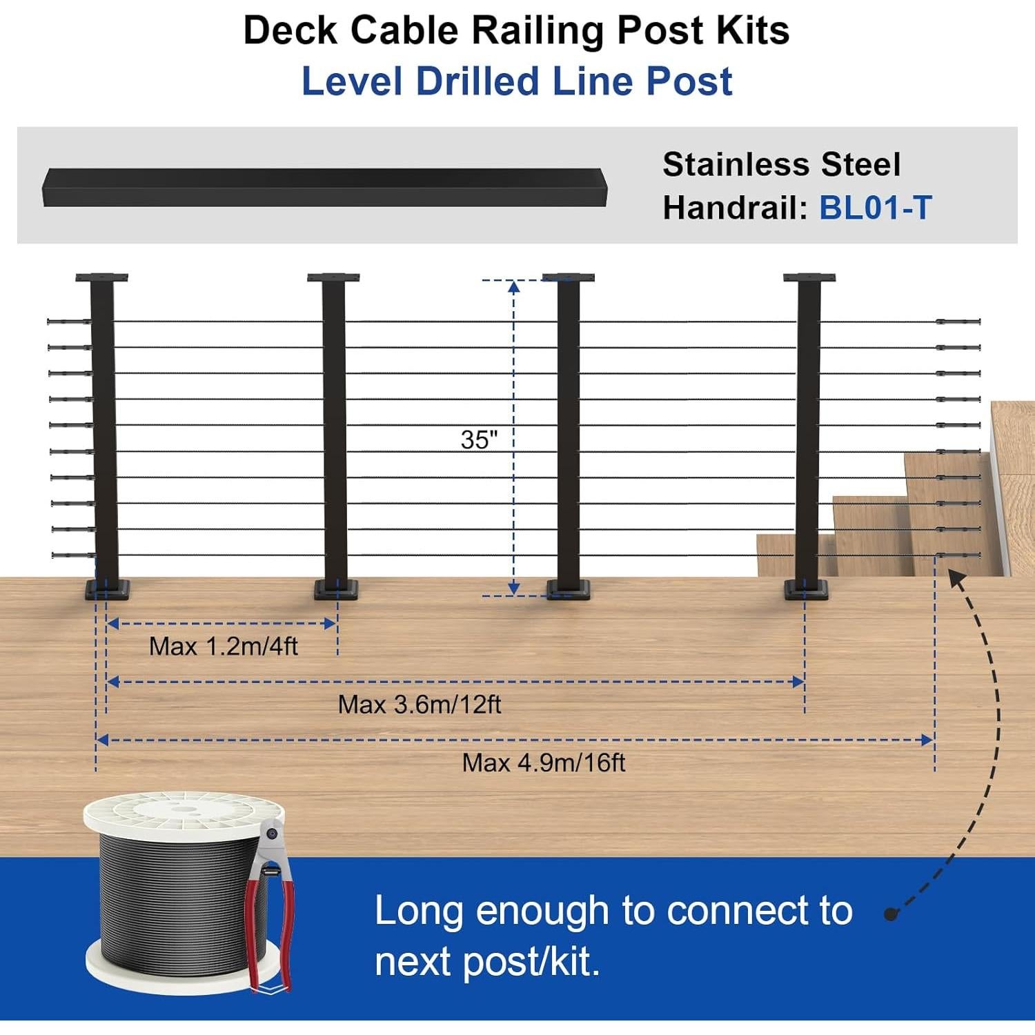 Kit de Barandilla de Cable BLIKA 4 Postes 35" Acero Inoxidable