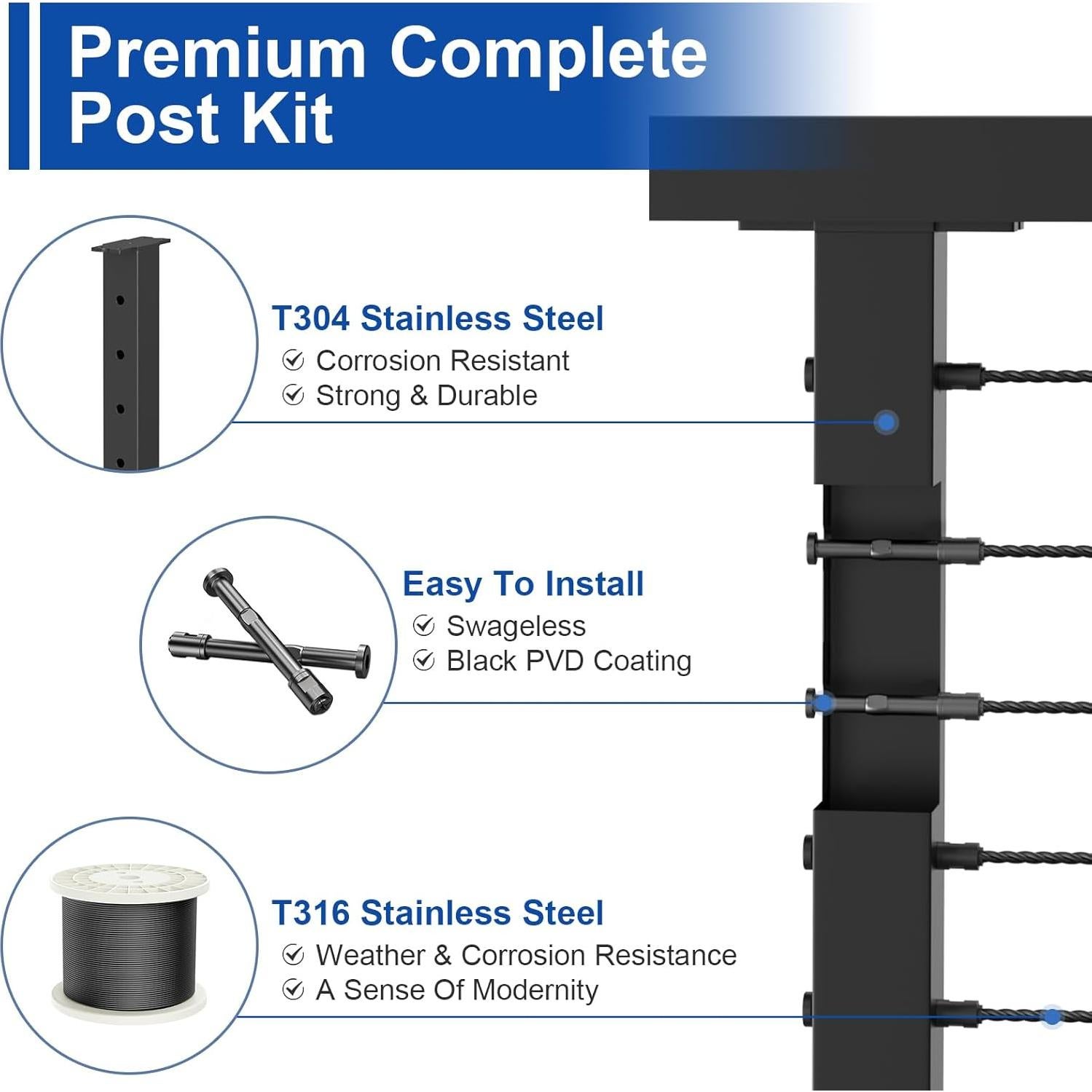 Kit de Barandilla de Cable BLIKA 4 Postes 35" Acero Inoxidable