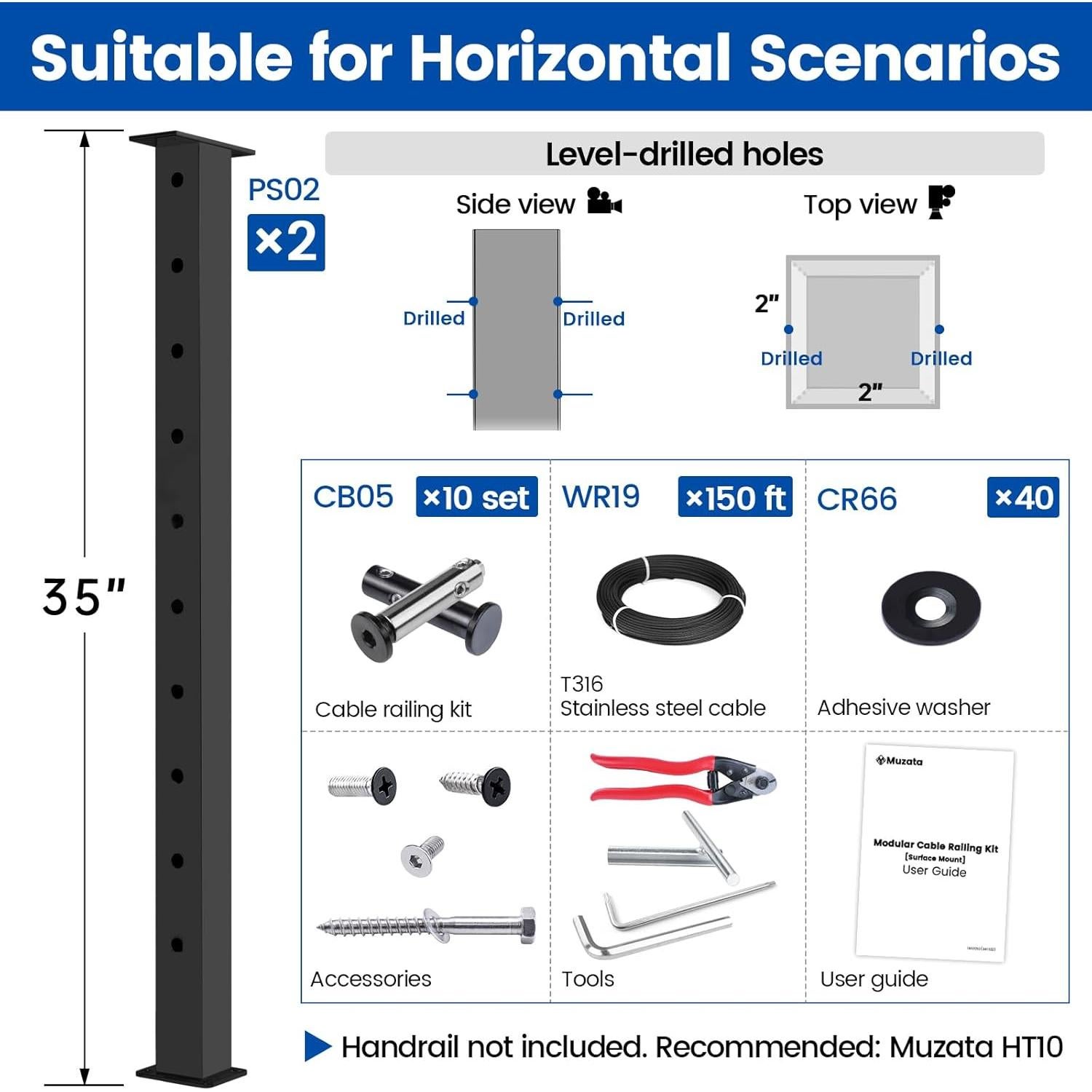 Kit de Barandilla de Cable Muzata Modular 5-10 pies 36"