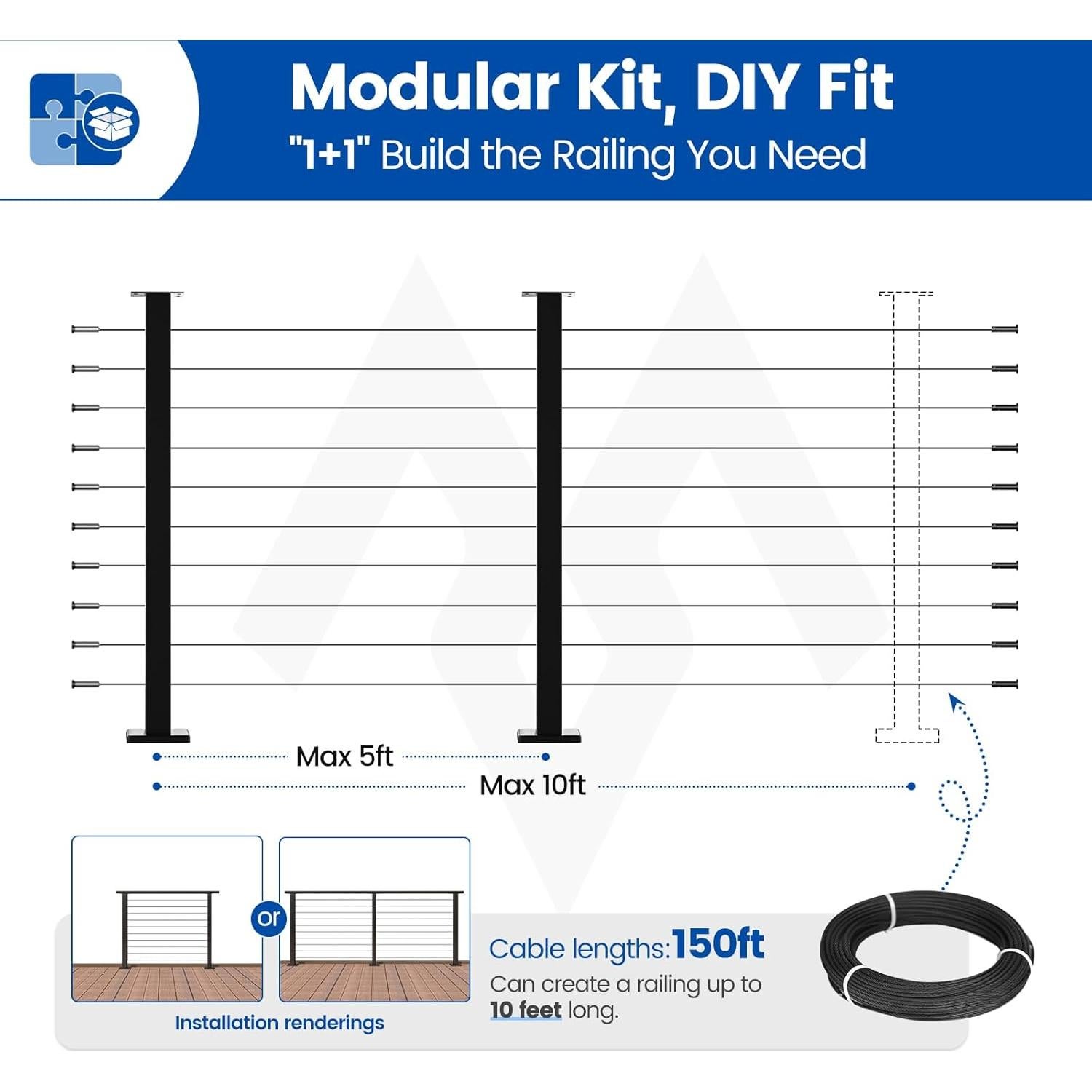 Kit de Barandilla de Cable Muzata Modular 5-10 pies 36"