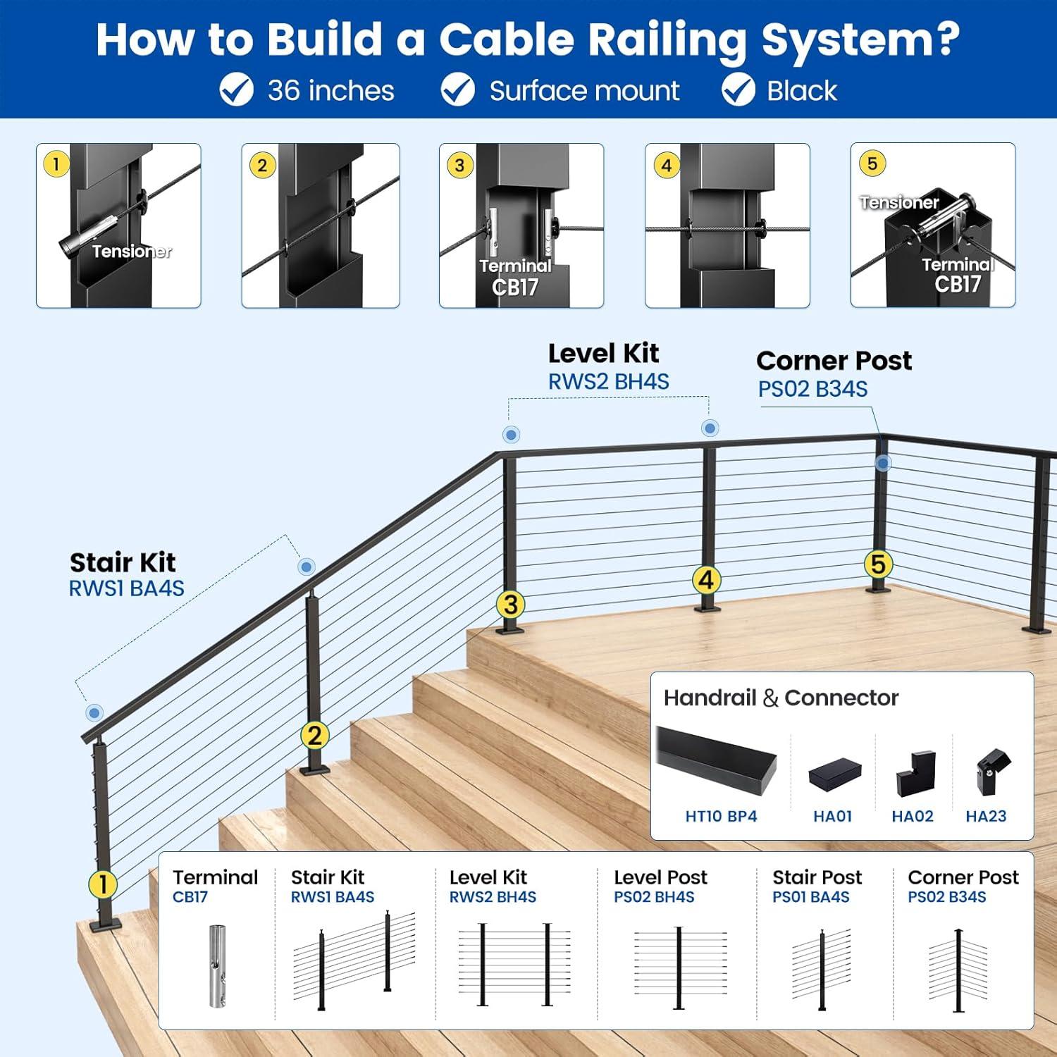 Kit de Barandilla de Cable Muzata Modular 5-10 pies 36"