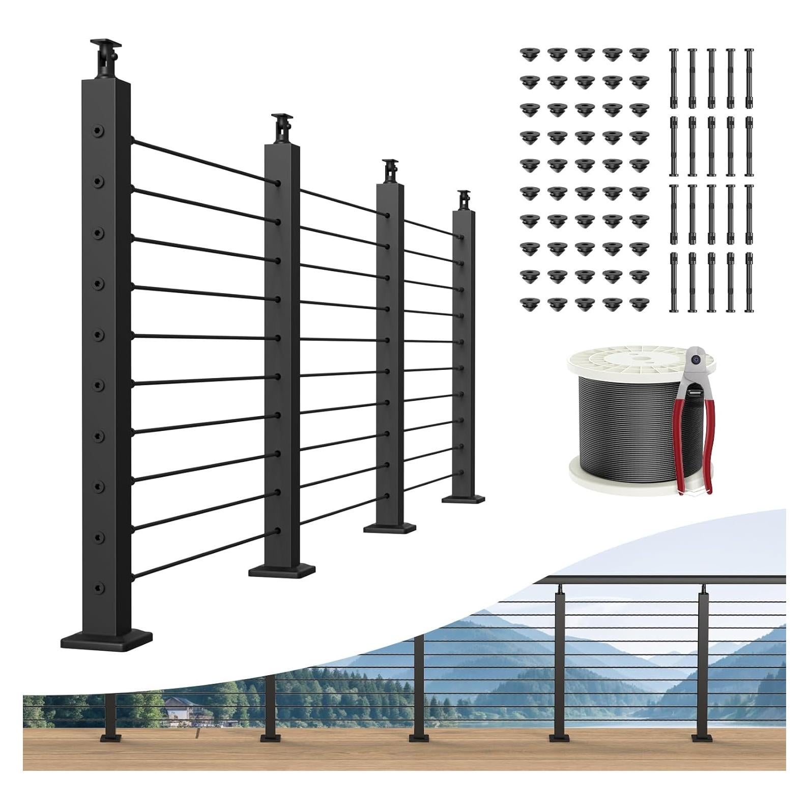 Kit de Barandilla de Cable BLIKA 4 Postes Ajustables Negro 0.89m