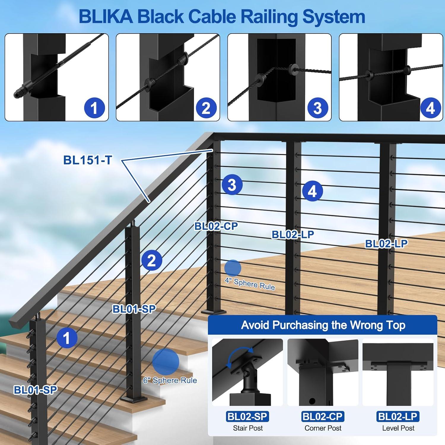 Kit de Barandilla de Cable BLIKA 4 Postes Ajustables Negro 0.89m