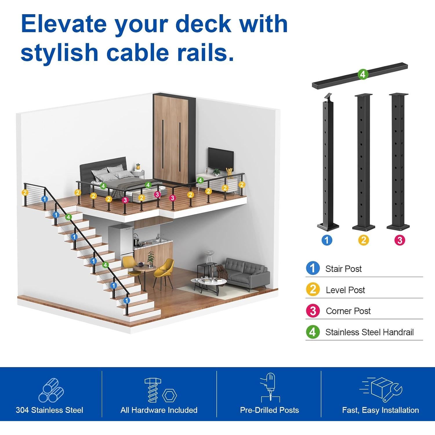 Kit de Barandilla de Cable BLIKA 4 Postes Ajustables Negro 0.89m