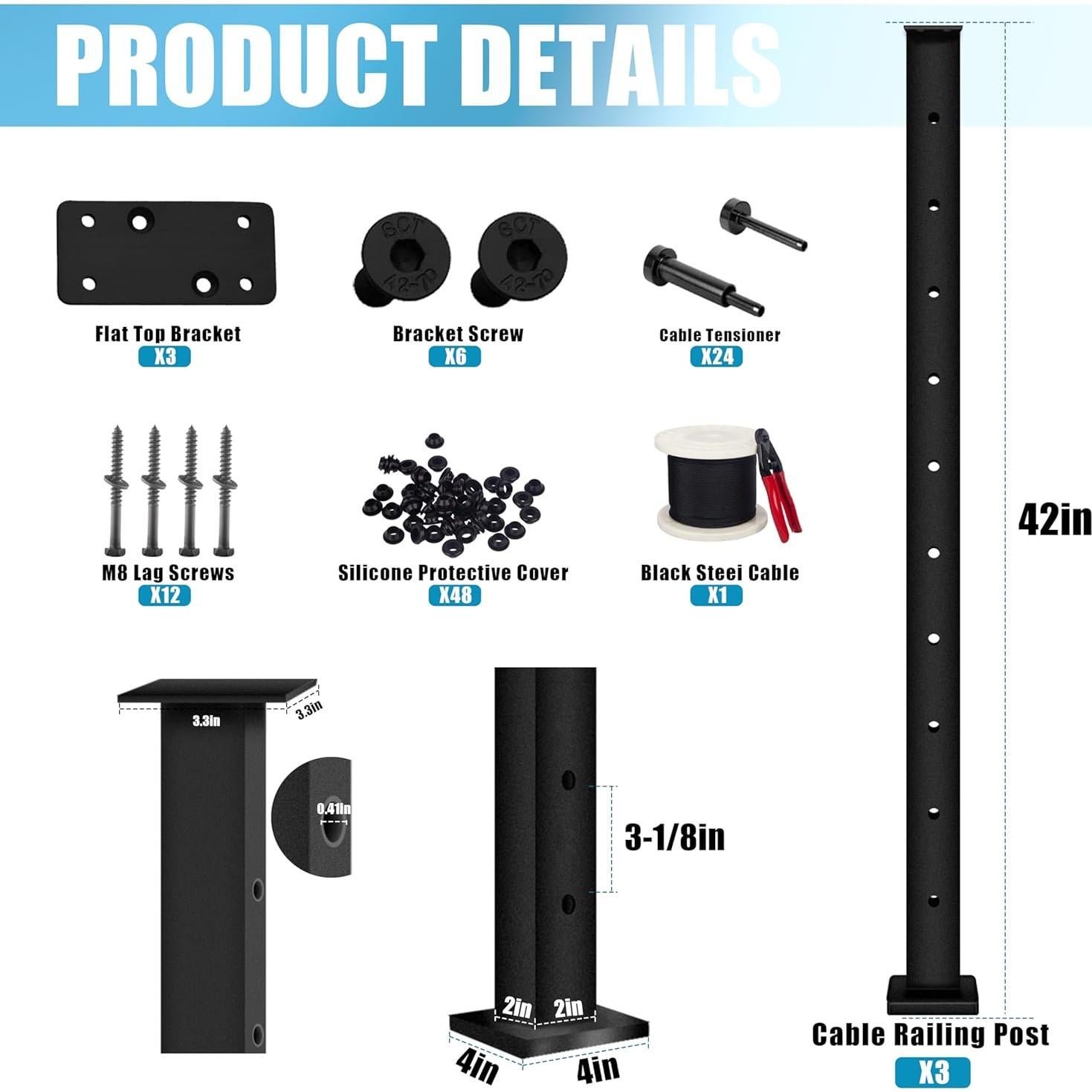Kit Completo de Barandilla de Cable KIT-42IN 3 Postes 106.68 cm