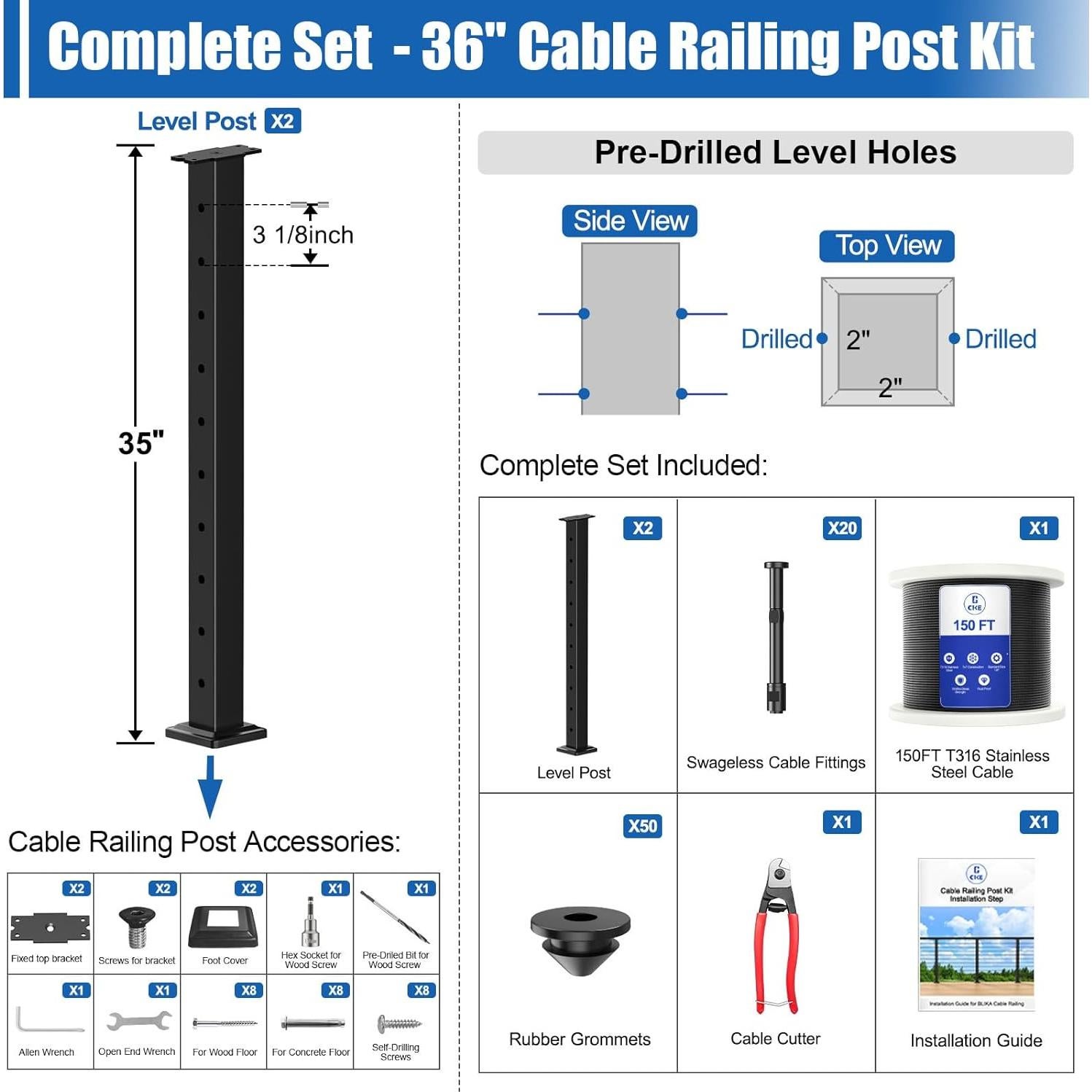 CKE Kit de Barandilla de Cable 5-10ft Negro 36" (91.44cm) 2Pack