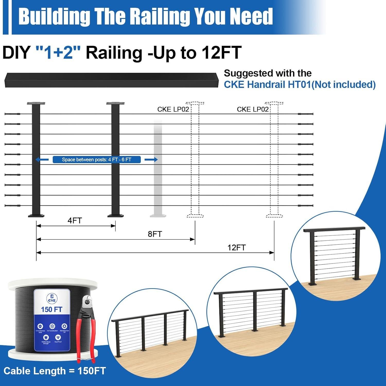 CKE Kit de Barandilla de Cable 5-10ft Negro 36" (91.44cm) 2Pack