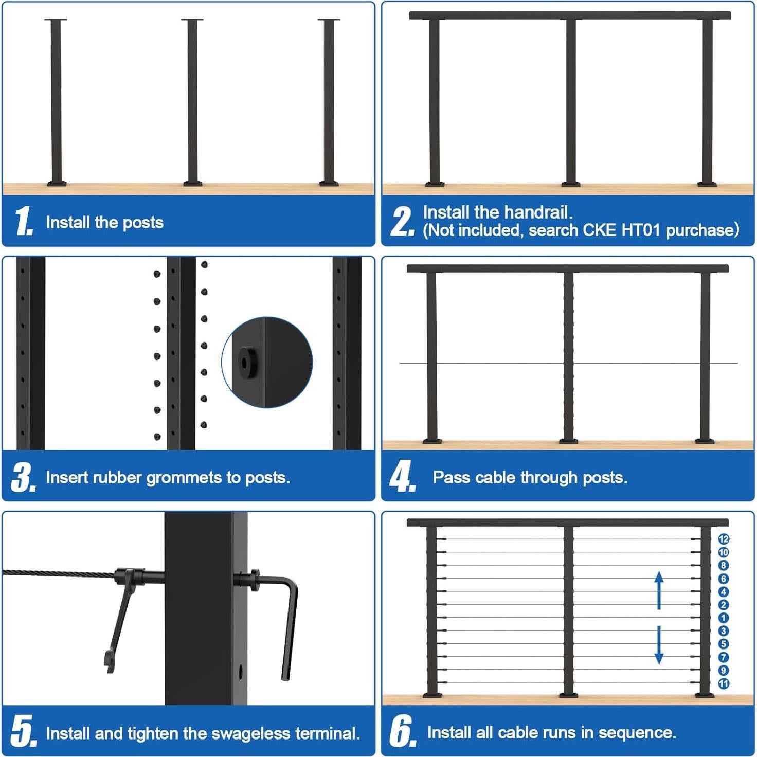 CKE 15ft-20ft Complete Set 42" Modular Black Cable Railing Post Kit, 4Pack Black Level Drilled Line Posts(41"x2"x2"), Swageless Deck Cable Railing System Kit, 250ft 1/8" Wire Rope(No Handrail), LPS02