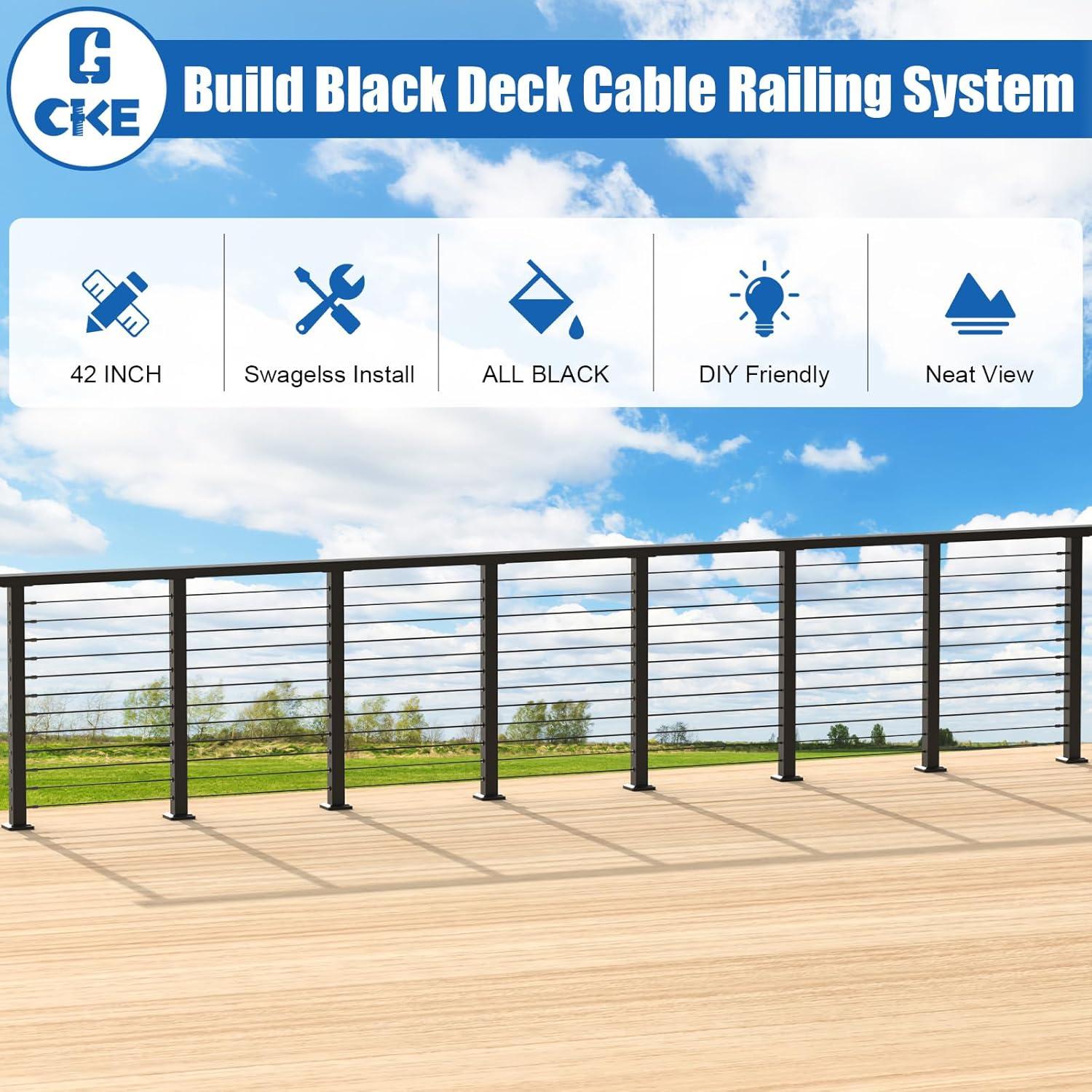CKE 15ft-20ft Complete Set 42" Modular Black Cable Railing Post Kit, 4Pack Black Level Drilled Line Posts(41"x2"x2"), Swageless Deck Cable Railing System Kit, 250ft 1/8" Wire Rope(No Handrail), LPS02
