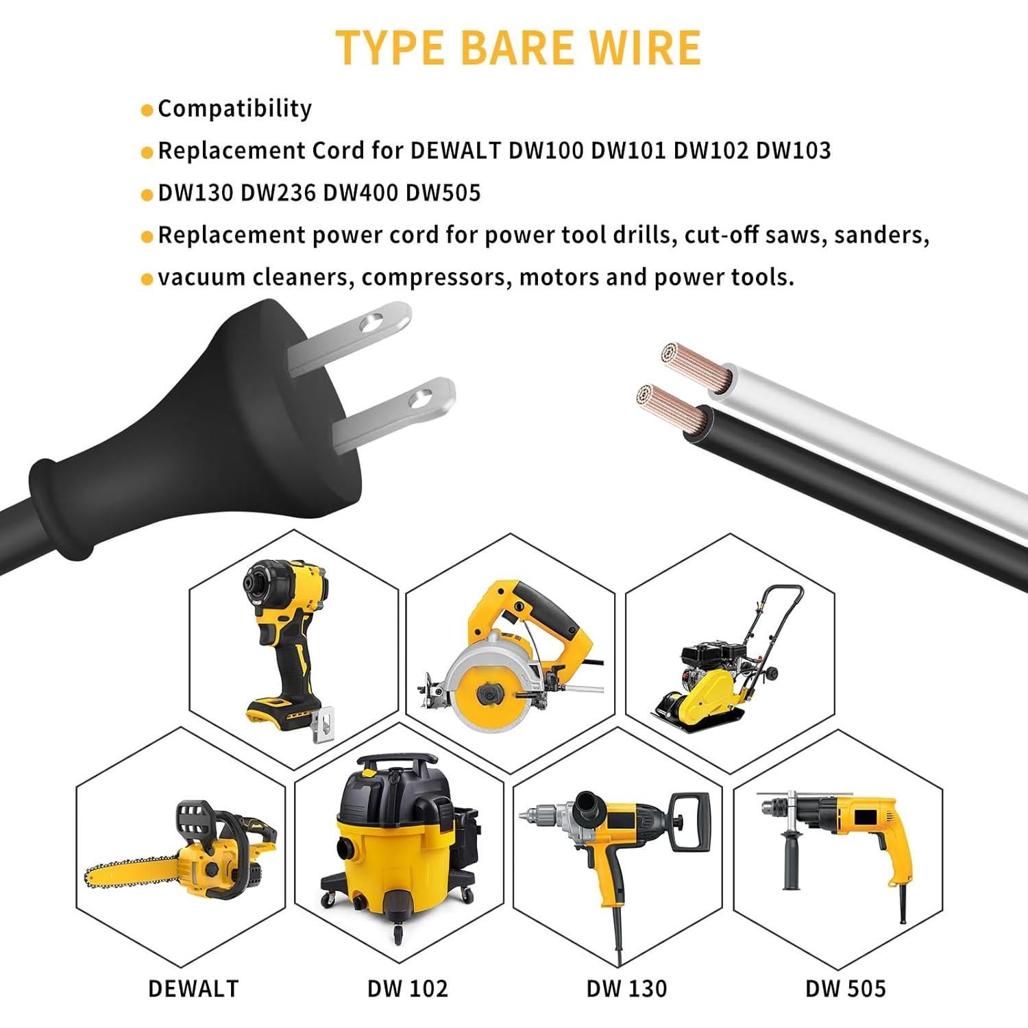 Cable de Alimentación 3.05m 18 Ga para DeWalt DW100 DW101