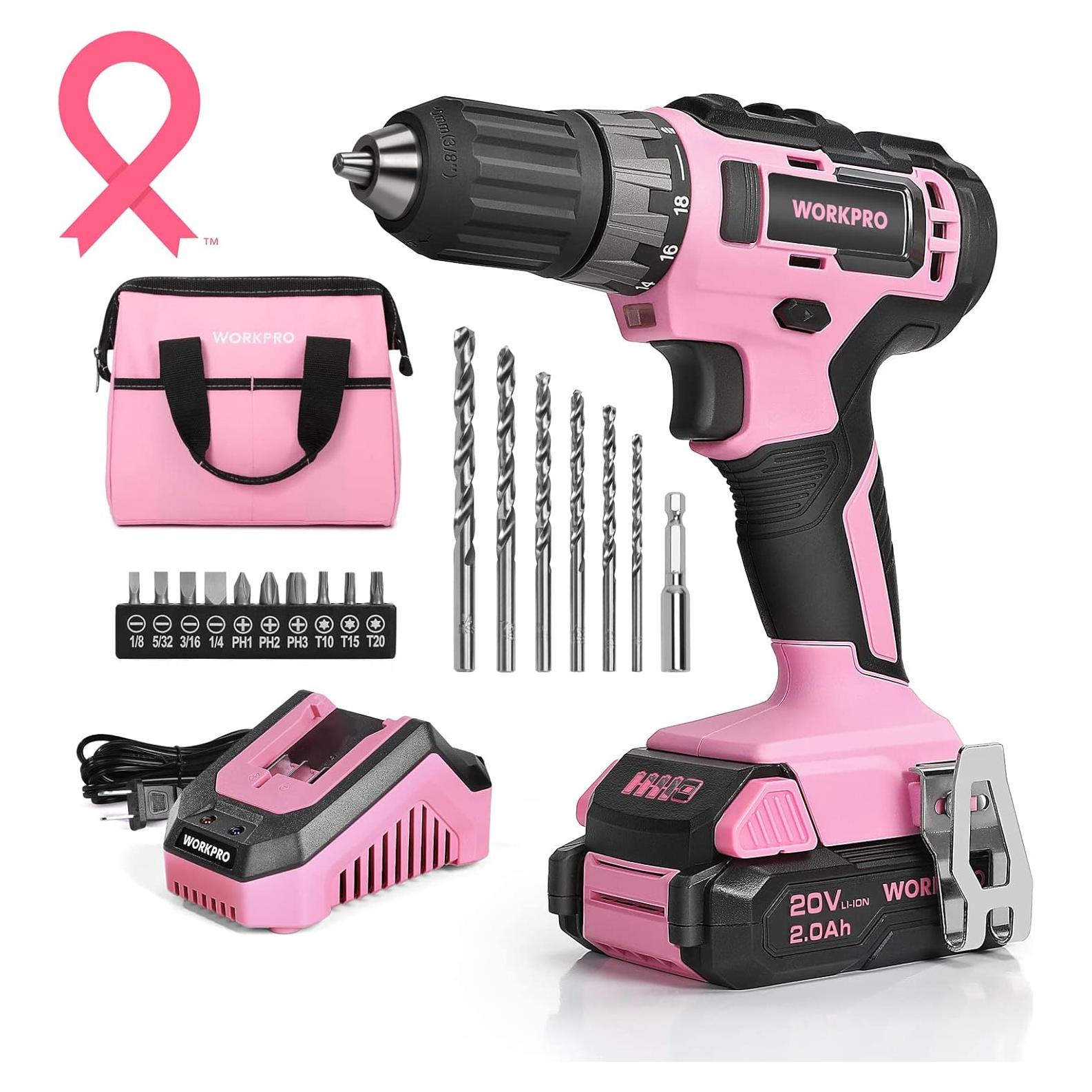 Taladro Inalámbrico WORKPRO 20V Rosa con Batería 2.0Ah