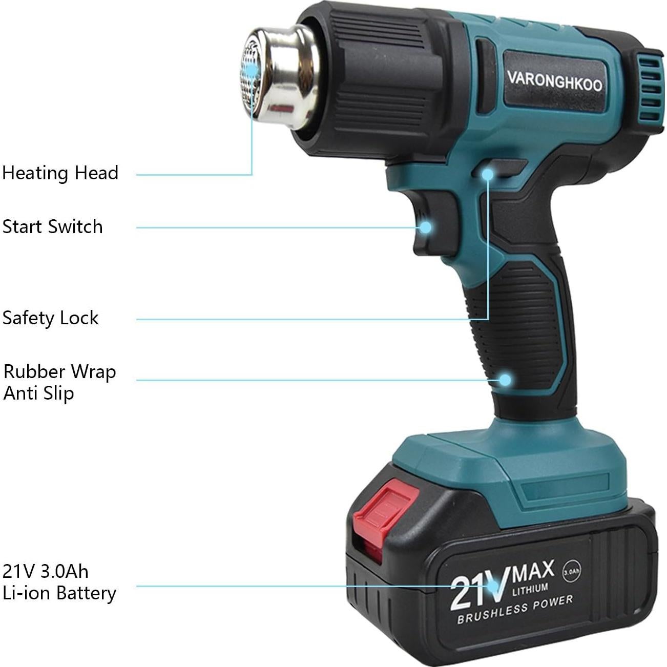 Pistola de Calor Inalámbrica VARONGHKOO 21V LCD 3 Boquillas