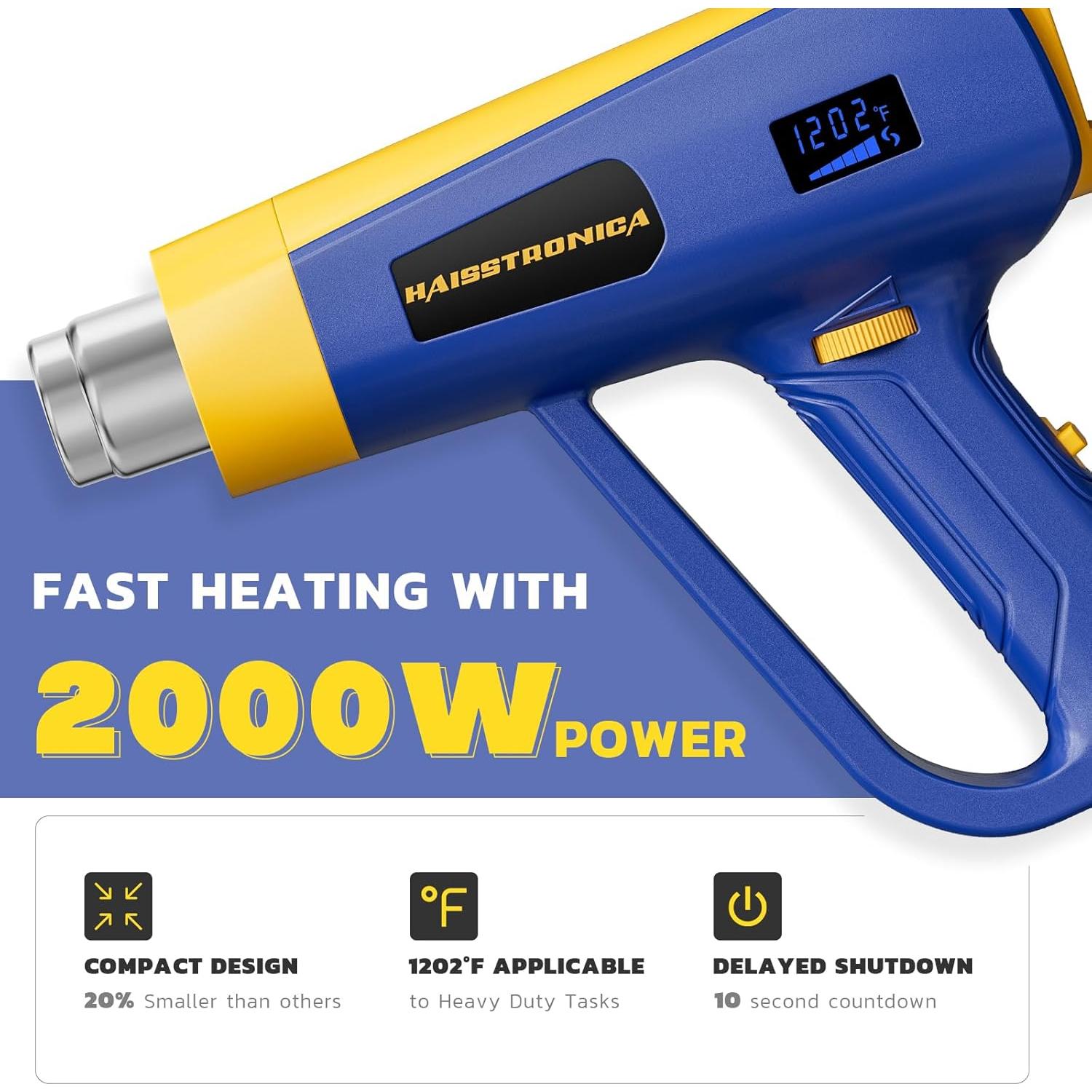 Pistola de Calor Digital 2000W haisstronica - 60-650°C con 5 Boquillas