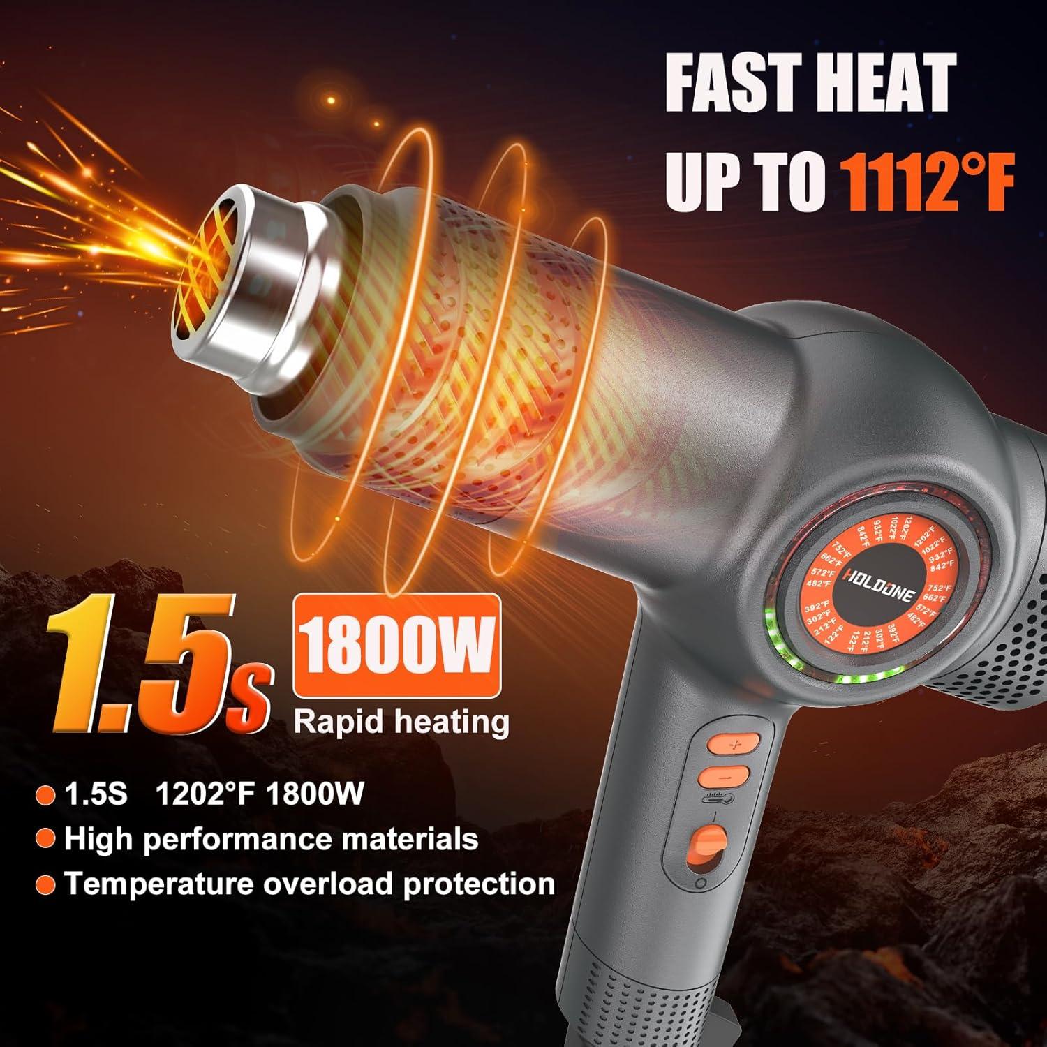 Soplete de Calor 1800W Holdone con 4 Boquillas y LED