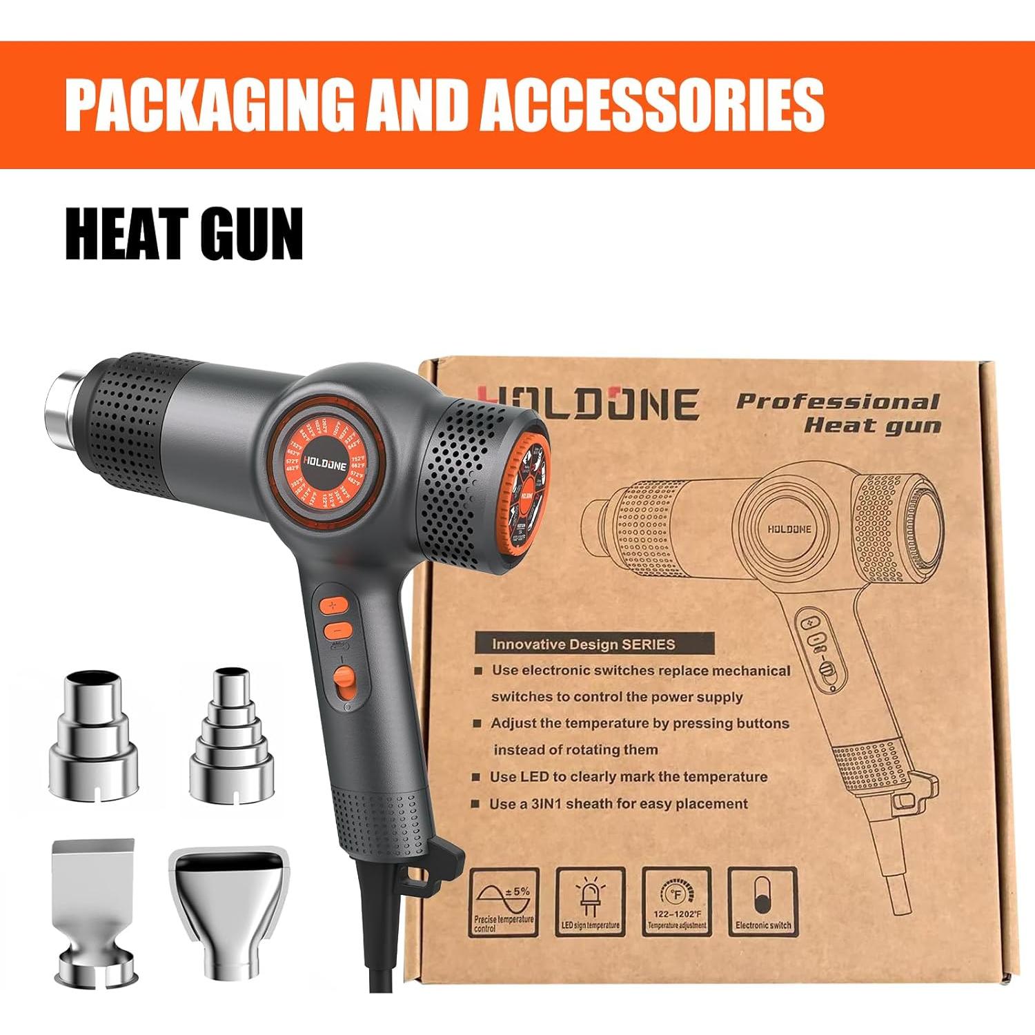 Soplete de Calor 1800W Holdone con 4 Boquillas y LED