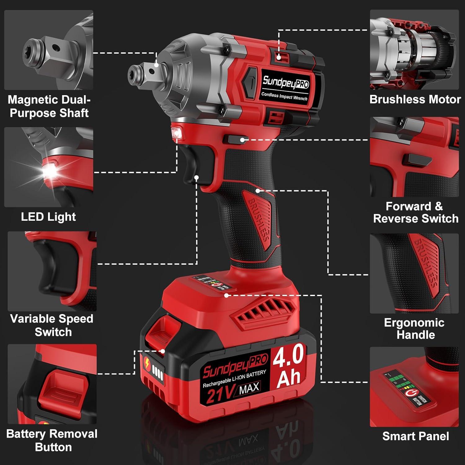 Llave de impacto inalámbrica SundpeyPRO 800N·m 21V con 2 baterías