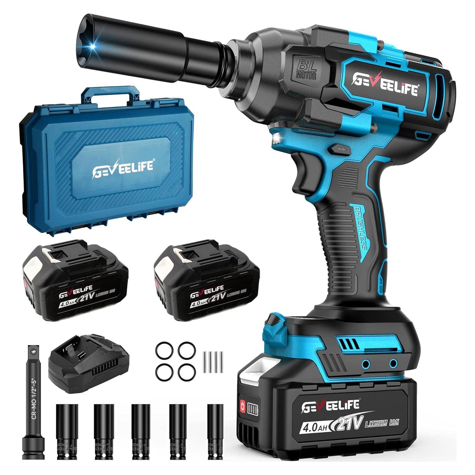 Llave de Impacto Inalámbrica GEVEELIFE 1200N.m 1/2" con 2 Baterías