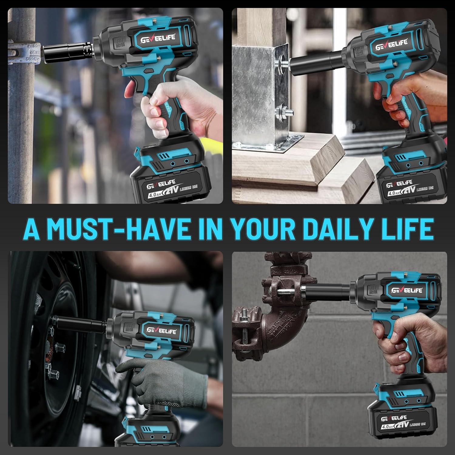 Llave de Impacto Inalámbrica GEVEELIFE 1200N.m 1/2" con 2 Baterías