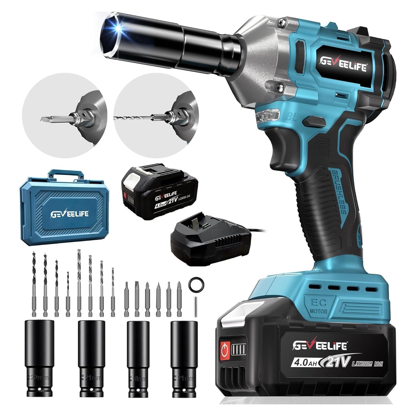 Llave de Impacto Sin Cable GEVEELIFE 450N.m 1/2" 4.0Ah